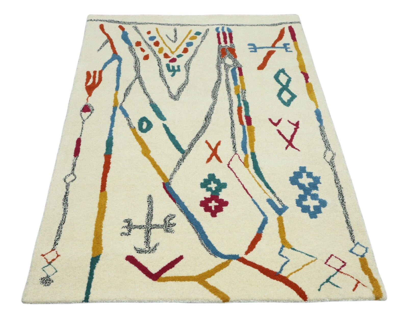 Wollteppich 120x180 Beige Bunt Berber Muster Marokko Stil Teppich Handgetuftet