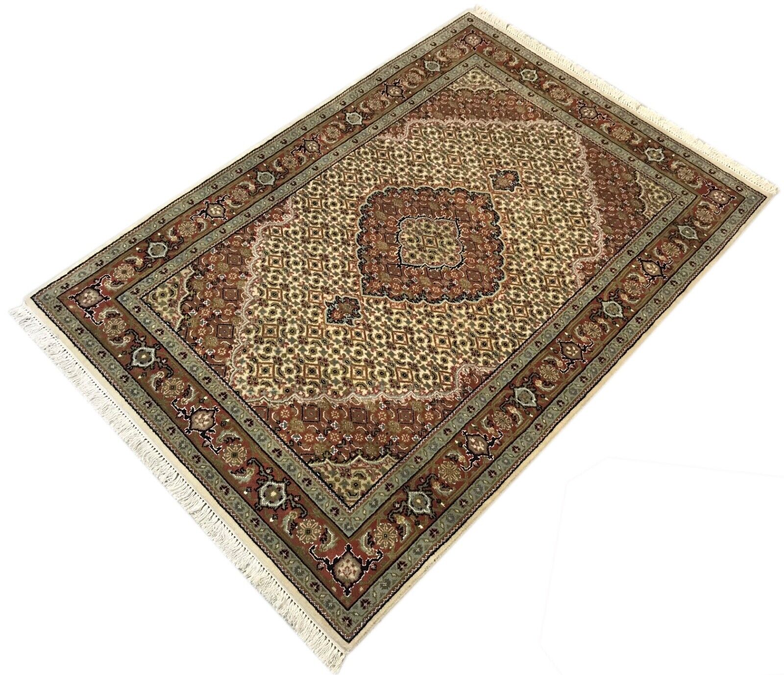 Teppich Handgeknüpfter Orientteppich Täbriz Mahi Bidjar Creme 125x183 cm M9 M1