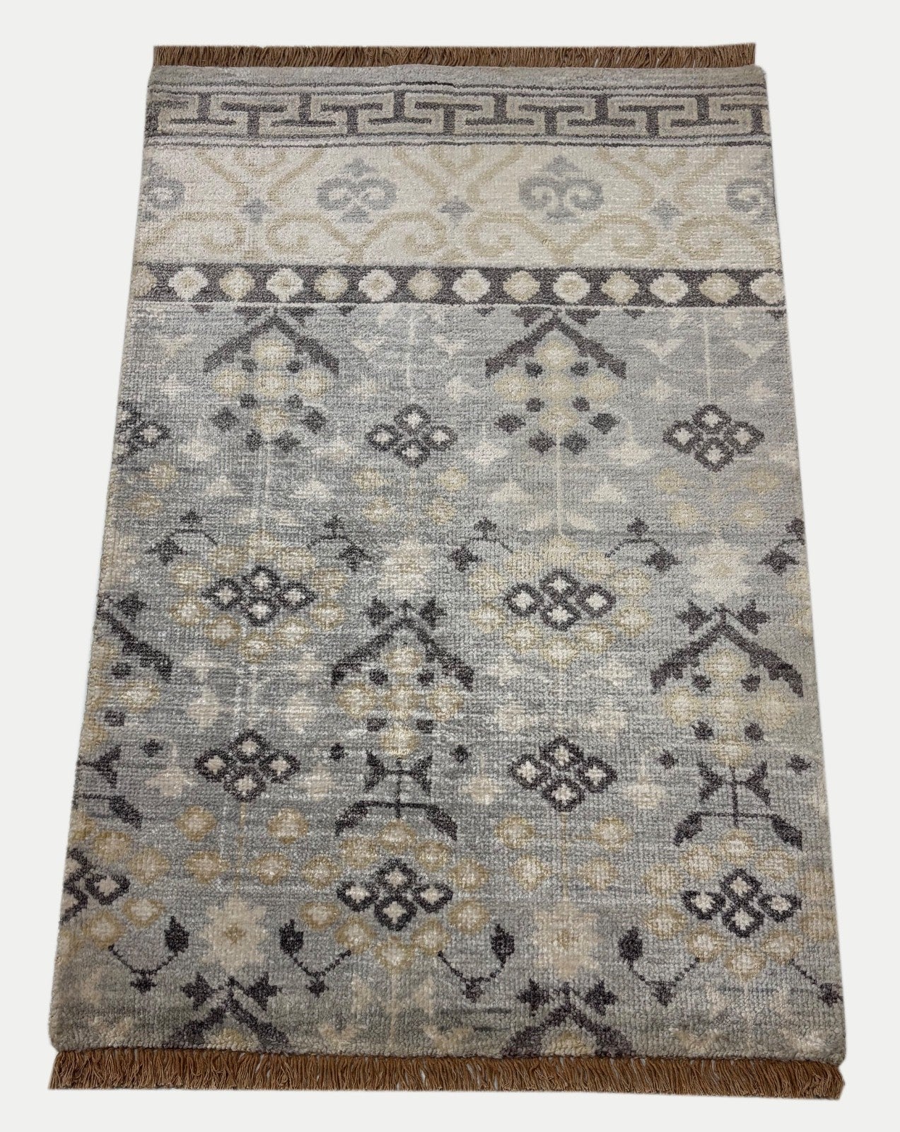 Handgeknüpfter Wollteppich 60x90 cm Kurzflor Modern Grau Beige Teppich D747