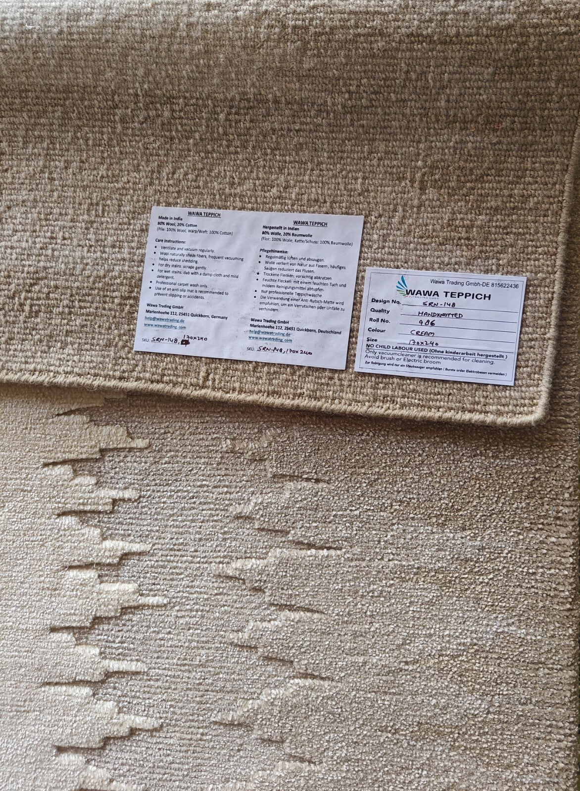 Modernes Handgeknüpfter Wolle 170x240 Vintage Creme Wohnzimmer Teppich SH148