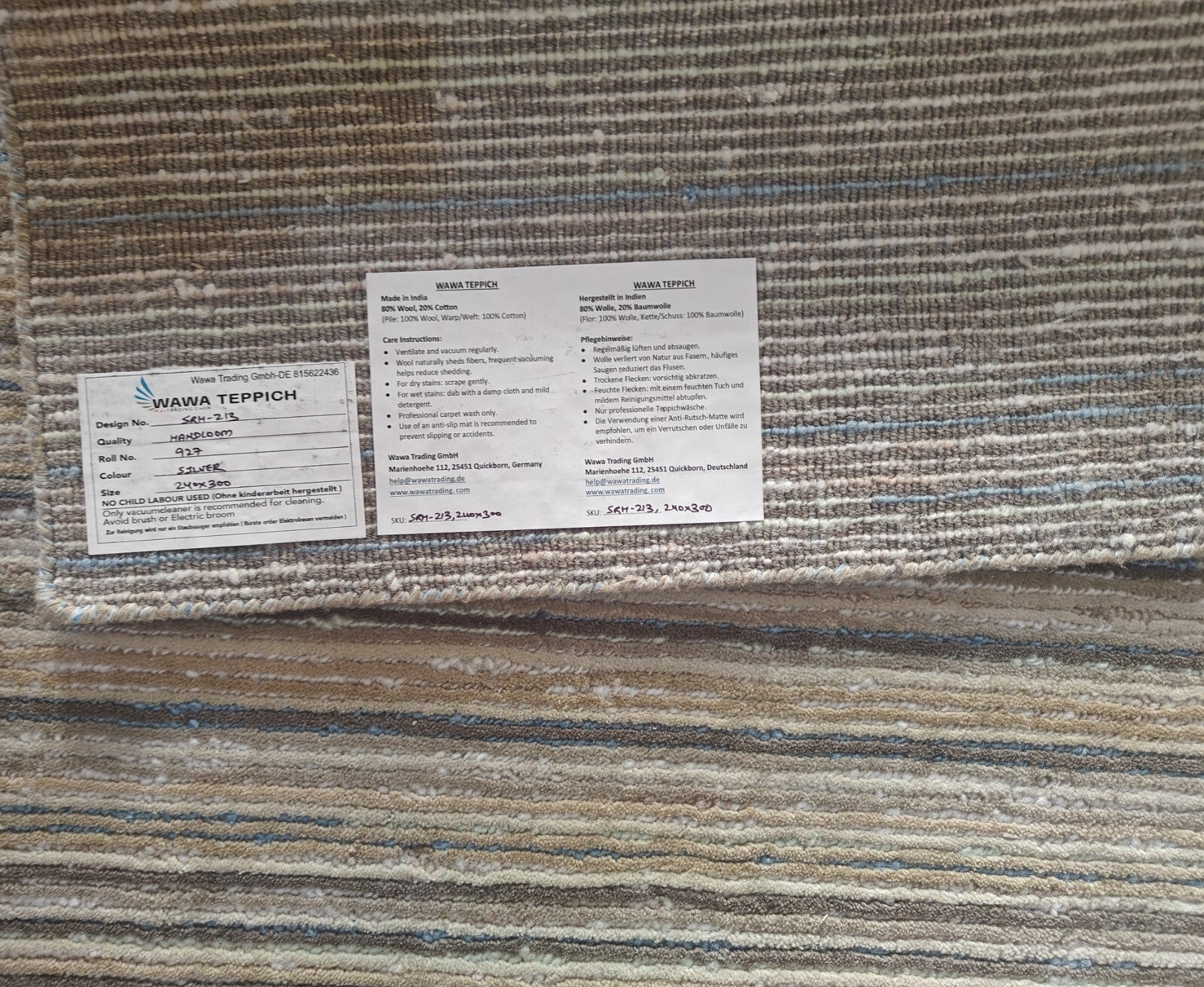 Handgewebter Teppich 240x300 Silber Glanzoptik Wolle Wohnzimmer SH213