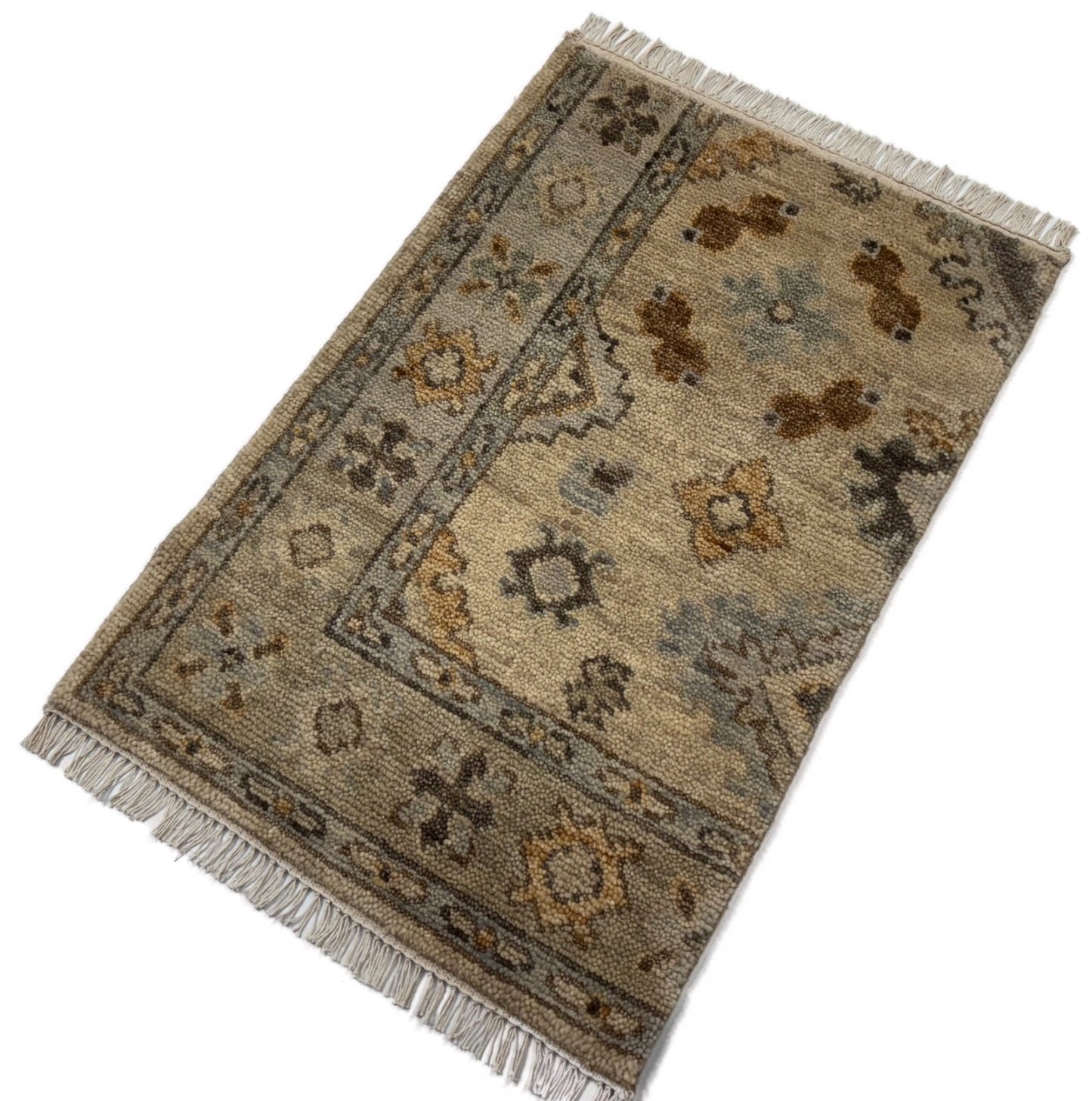 Handgeknüpfter Wollteppich 60x90 cm Kurzflor Modern Beige Teppich D765