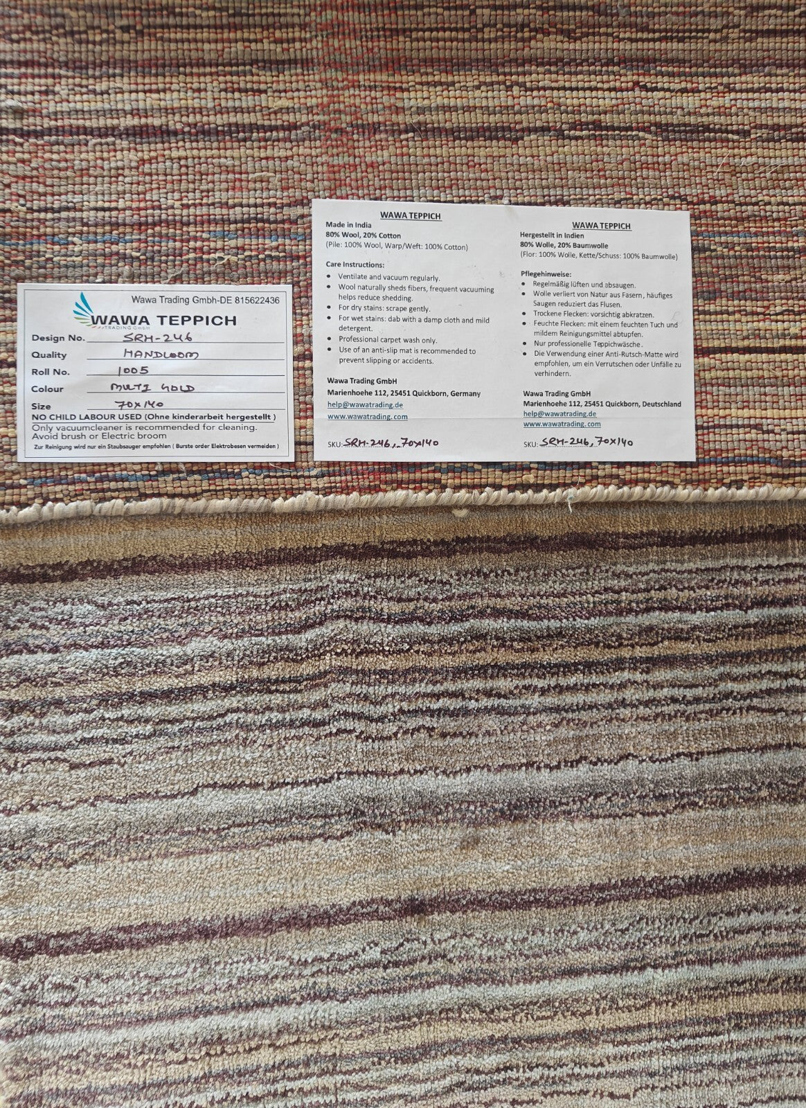 Handgewebter Teppich 70x140 Multi-Gold Glanzoptik Seide Flach Wohnzimmer SH246