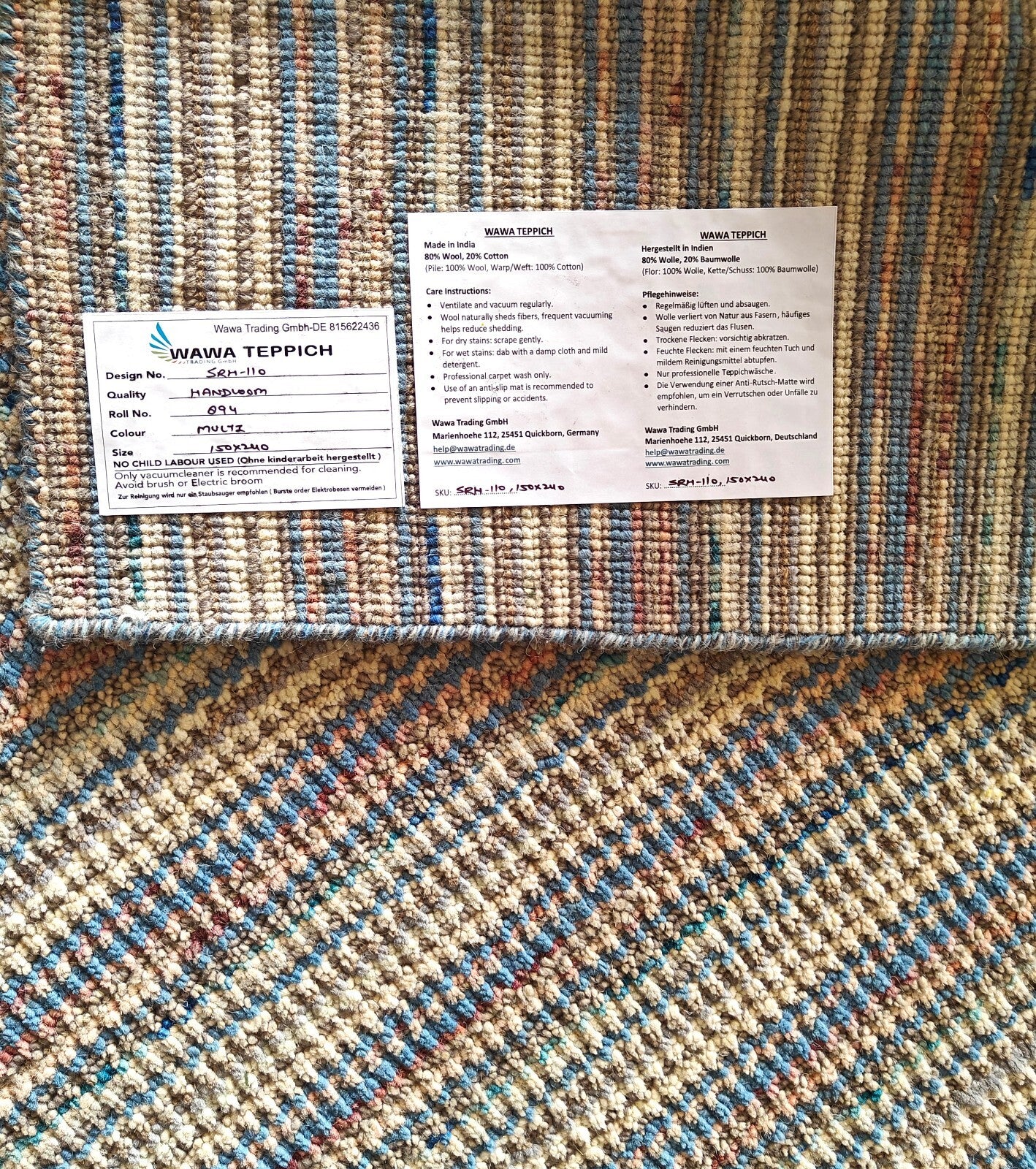 Tapis tissé à la main 150x240 cm, bleu, aspect brillant, laine, plat, salon SH110