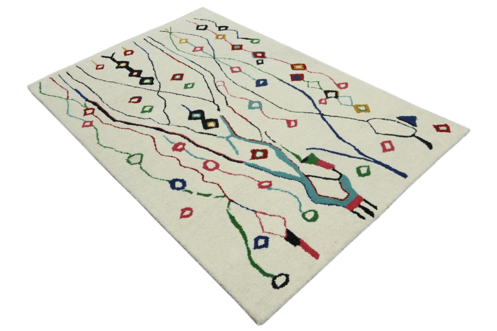 Tappeto in lana 120x180 Beige Nero Motivo etnico astratto Tappeto annodato a mano 309