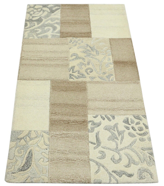 Beige Grau Orient Teppich 100% Wolle 90X160 cm Handarbeit Handgetuftet T976