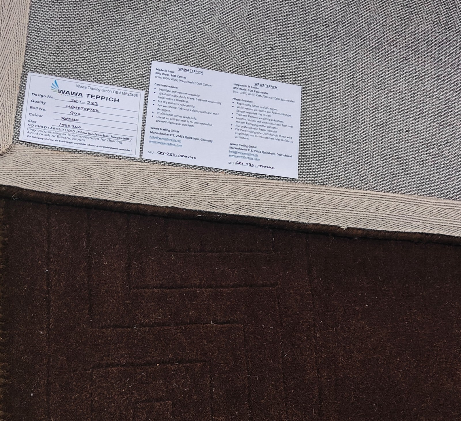 Rankomis dygsniuotas vilnonis kilimas, 150x240, rudas, modernus svetainės dizainas, SH233