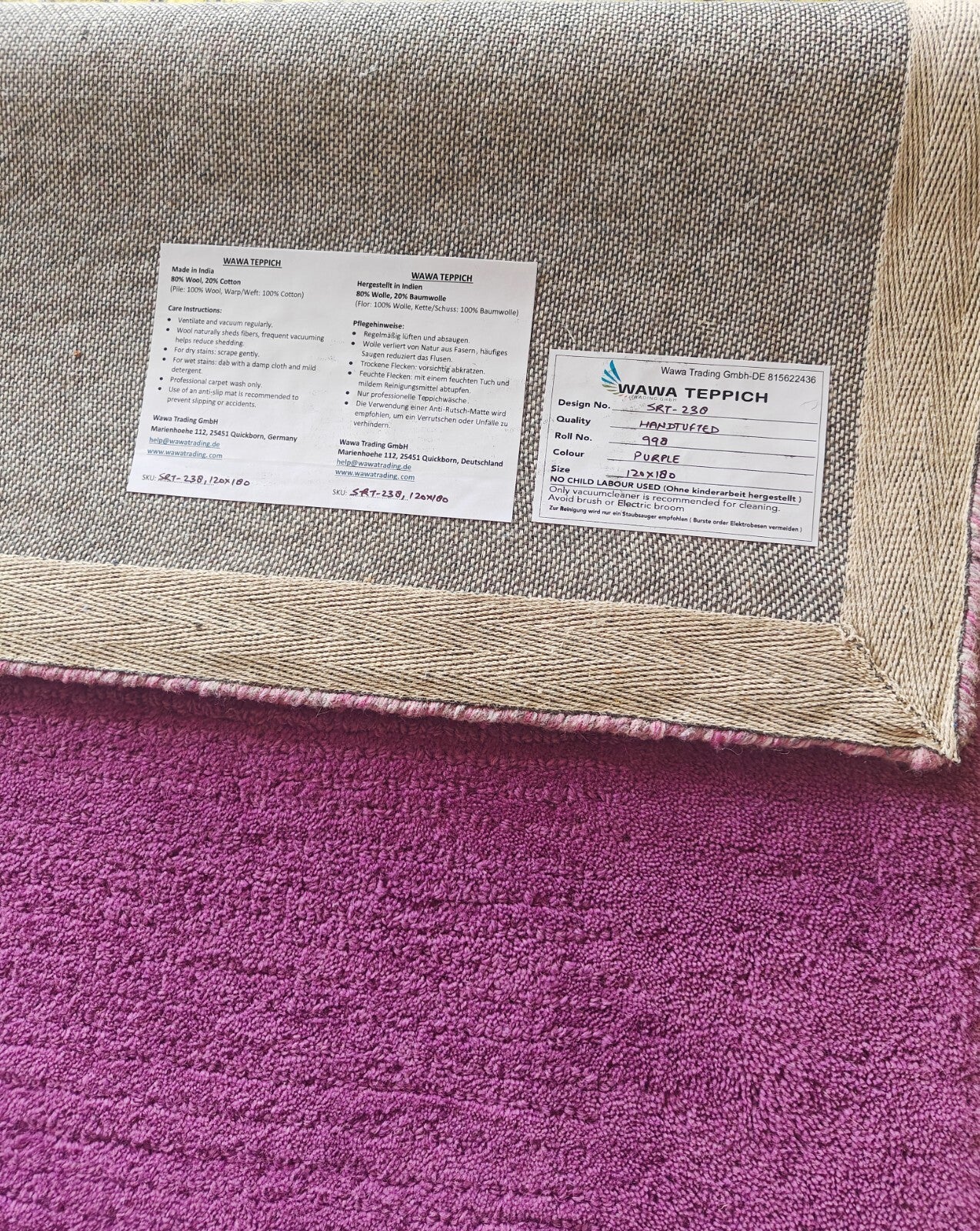 Handgetufteter Wolle teppich 120x180 Lila Modern Wohnzimmer SH238
