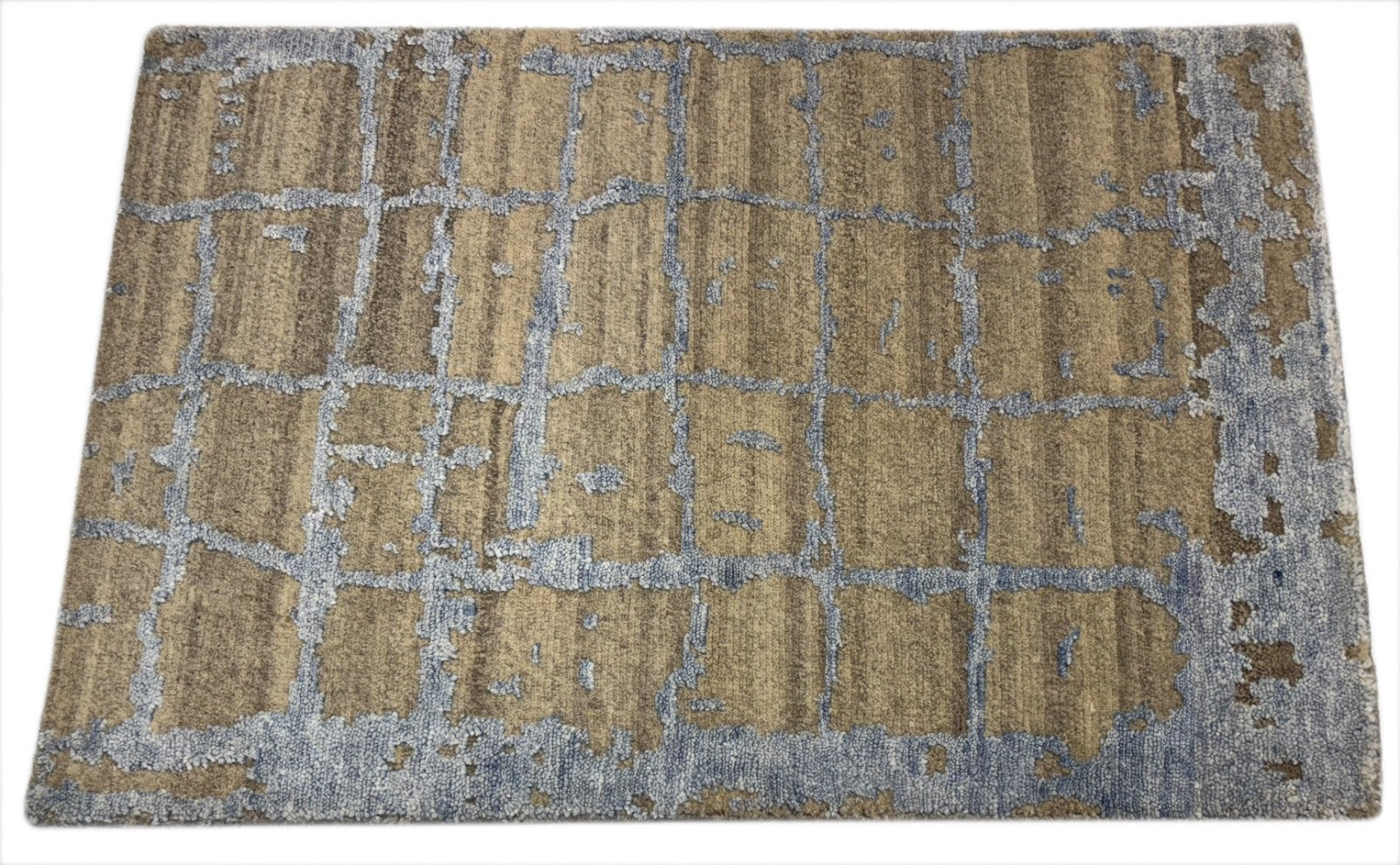 Handgeknüpfter Design Teppich 60x90 Beige Blau Wolle Bambus Seidenglanz R116