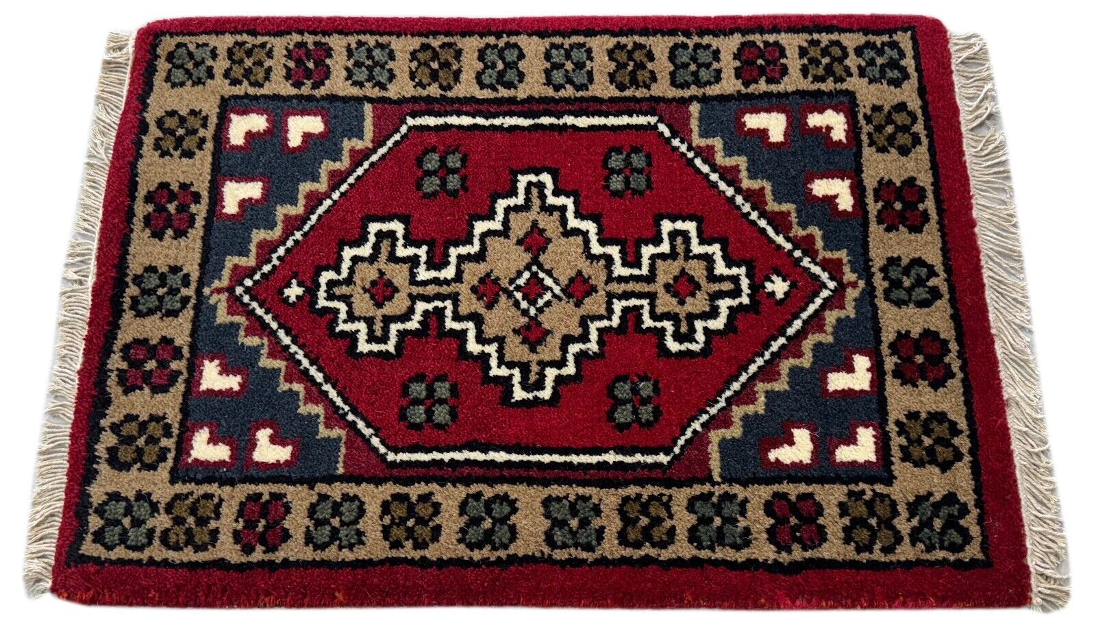 Brücke Teppich 40x60 cm Handgeknüpft Fußmatte Automatte 100% Wolle Rot Blau PH40