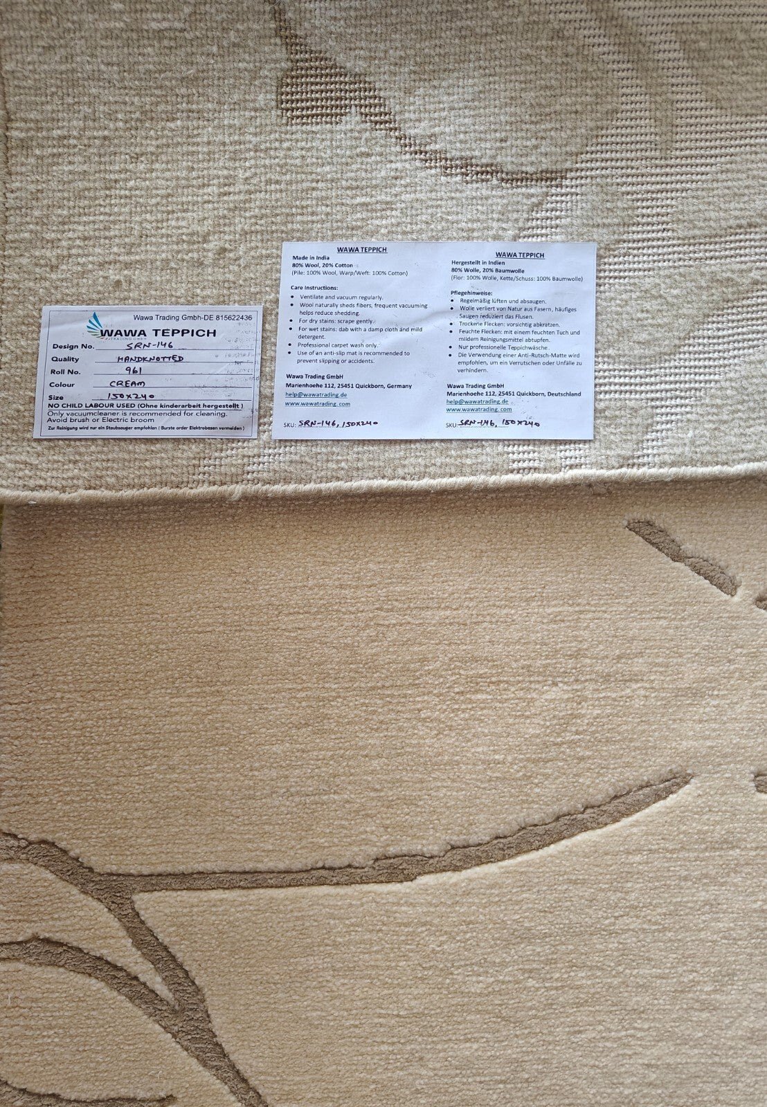 Modernes Handgeknüpfter Wolle 150x240 Vintage Creme Wohnzimmer Teppich SH146