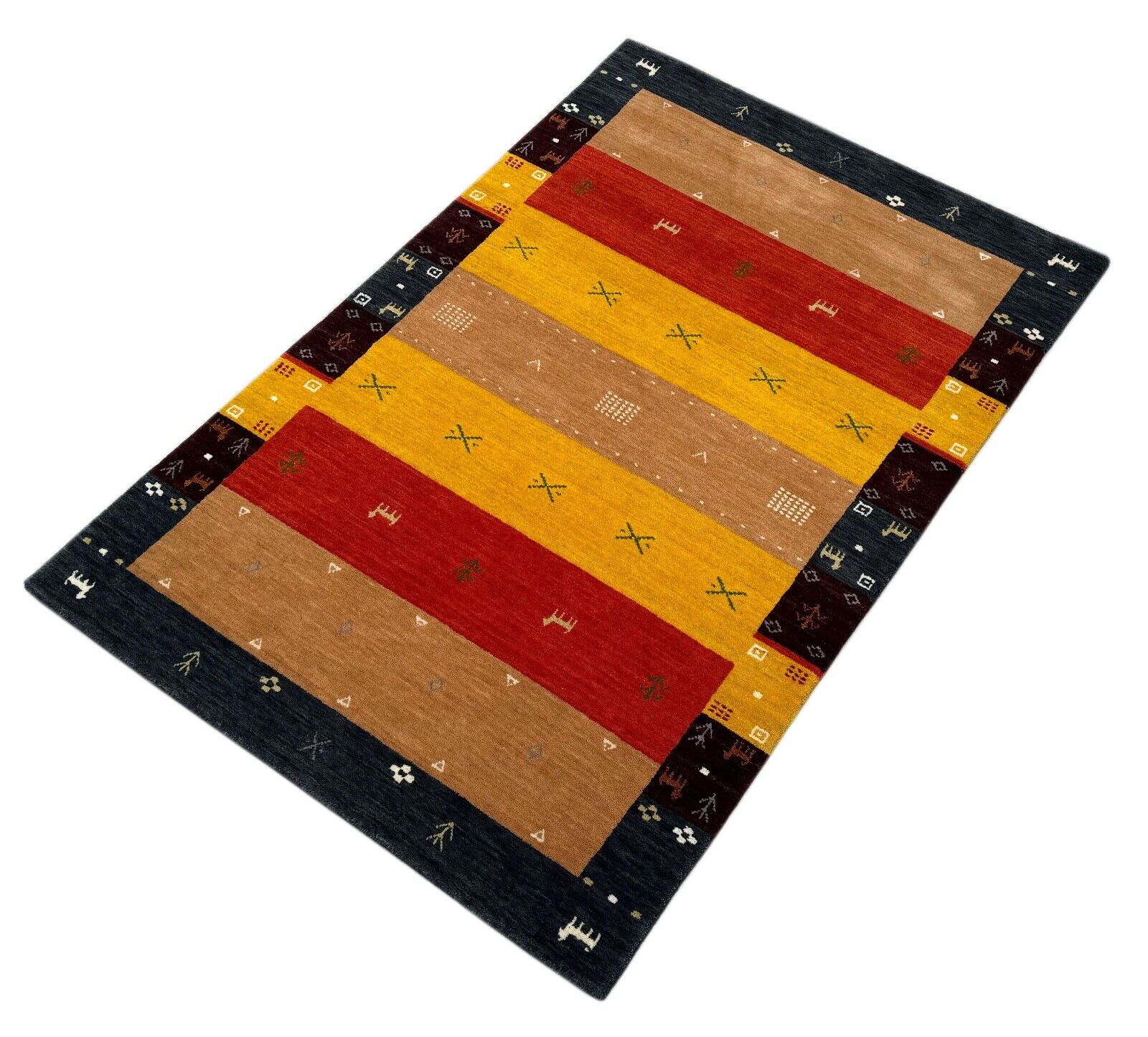 ギャッベラグ 100%ウール 120x180 cm 赤 黄色 マルチカラー 手織り オリエンタルラグ BR11