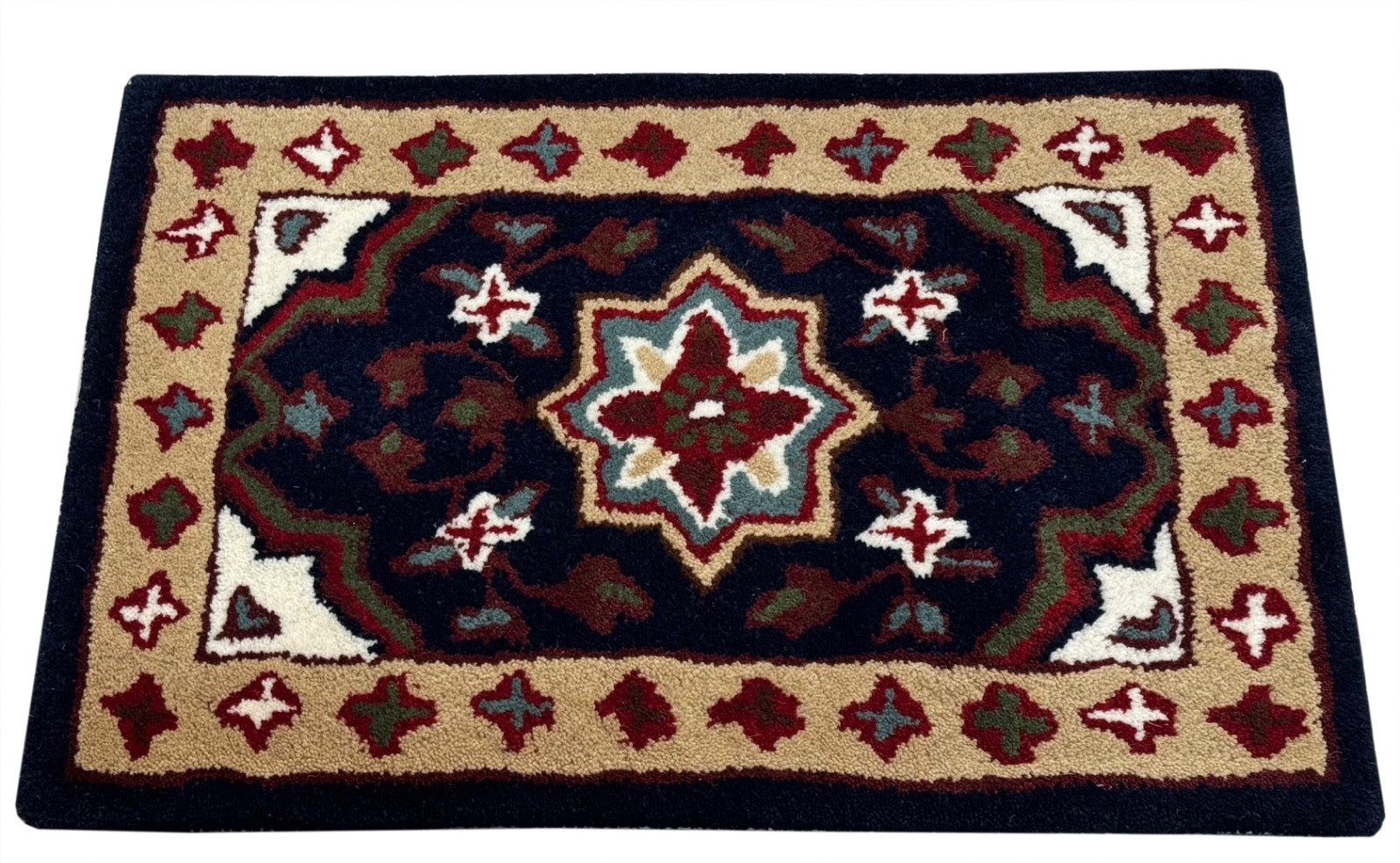 Wollteppich 40x60 Blau Beige Oriental Handgemacht Türvorleger Fussmatte HT371B