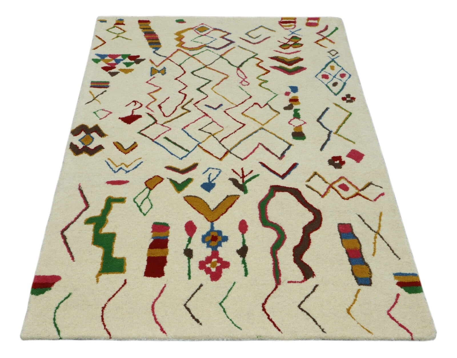 Handgetufteter Wollteppich 120x180 Beige Bunt Marokko Muster Wohnzimmer HT296