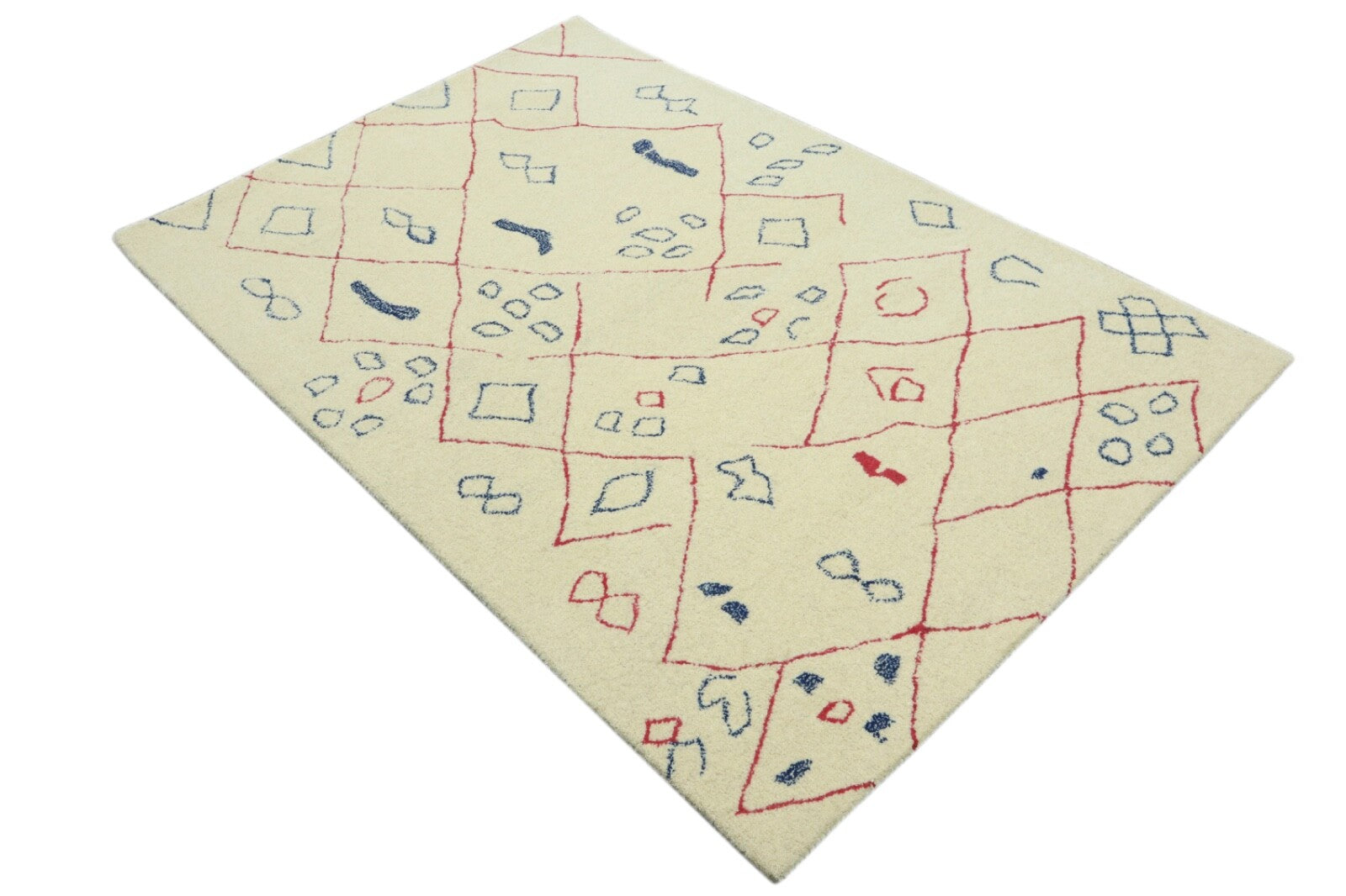 Wollteppich 120x180 Beige Rot Blau Minimal Marokko Muster Teppich Handgetuftet
