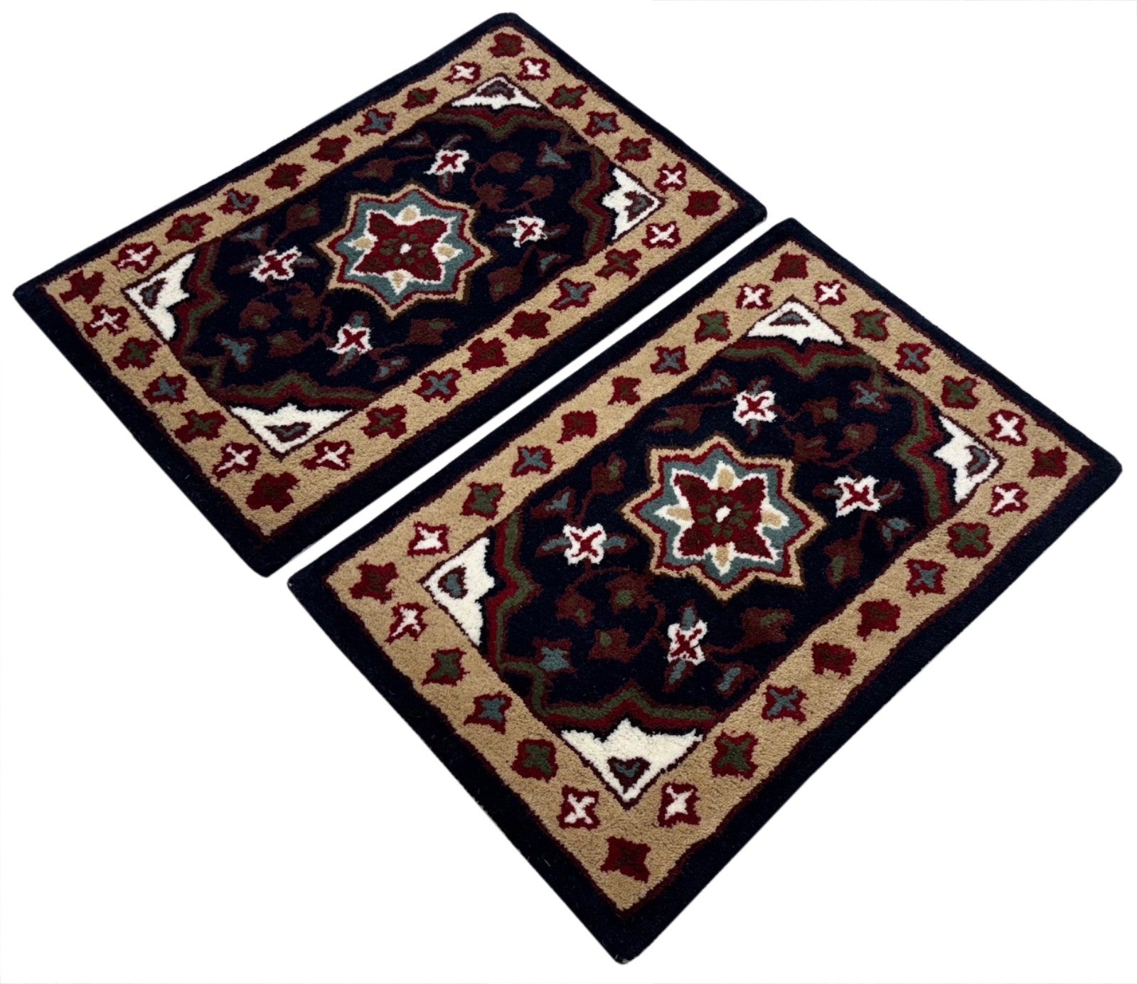 Wollteppich 40x60 Blau Beige Oriental Handgemacht Türvorleger Fussmatte HT371B