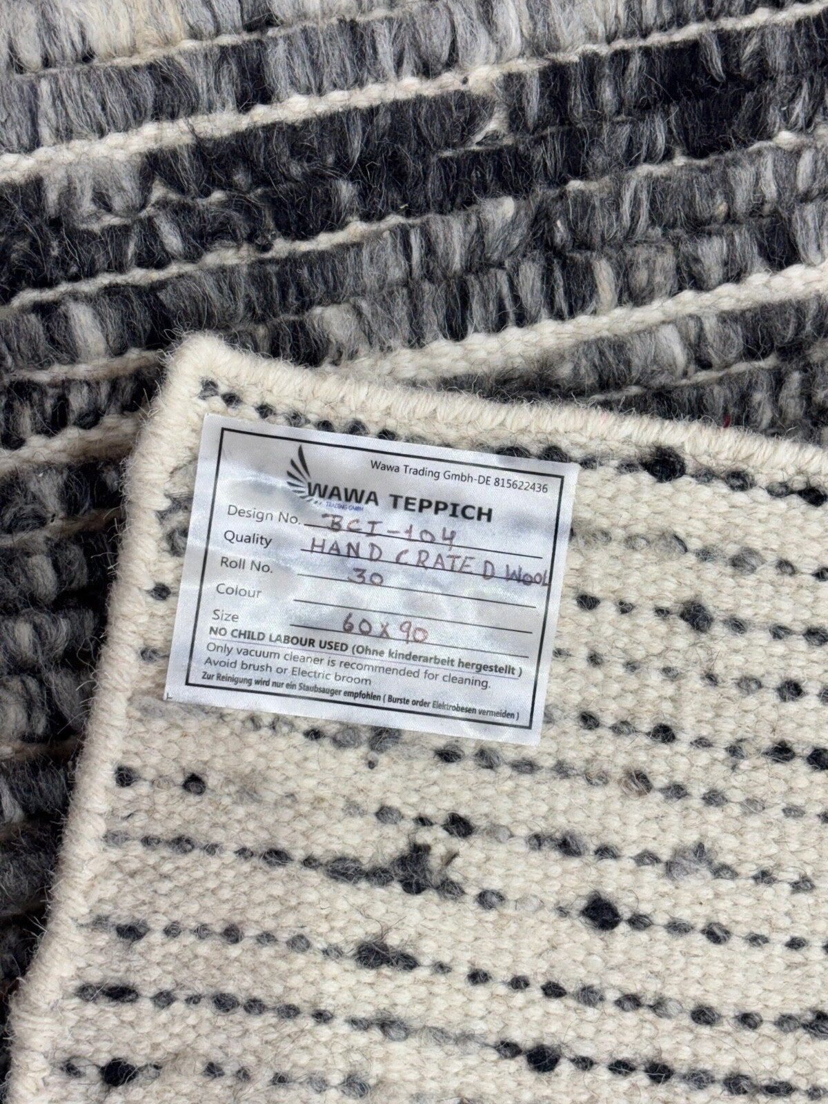 Tappeto annodato a mano in lana 100% 60x90 Tappeto dal design moderno Grigio Nero BCI104