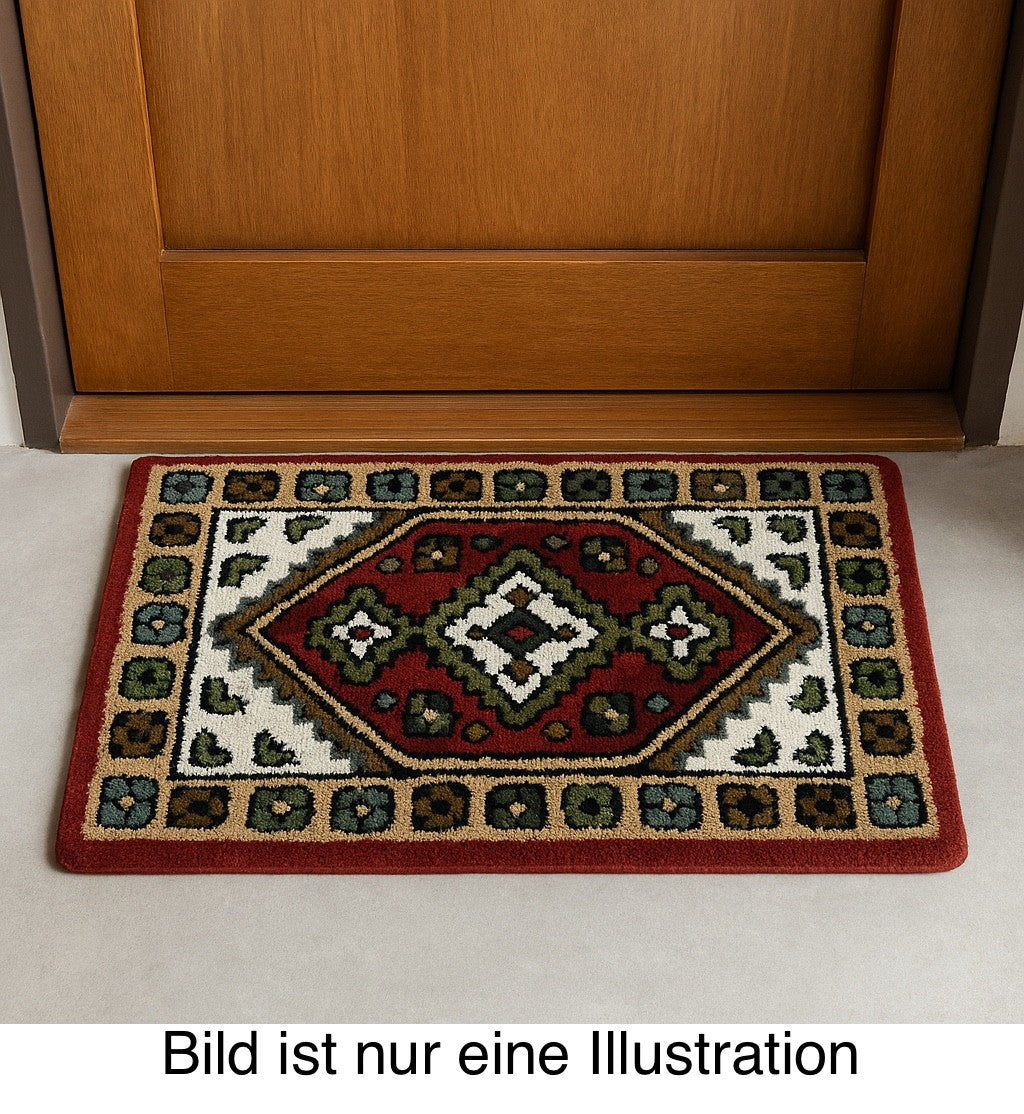 Wollteppich 40x60 Rot Beige Oriental Handgemacht TĂĽrvorleger Fussmatte HT374R