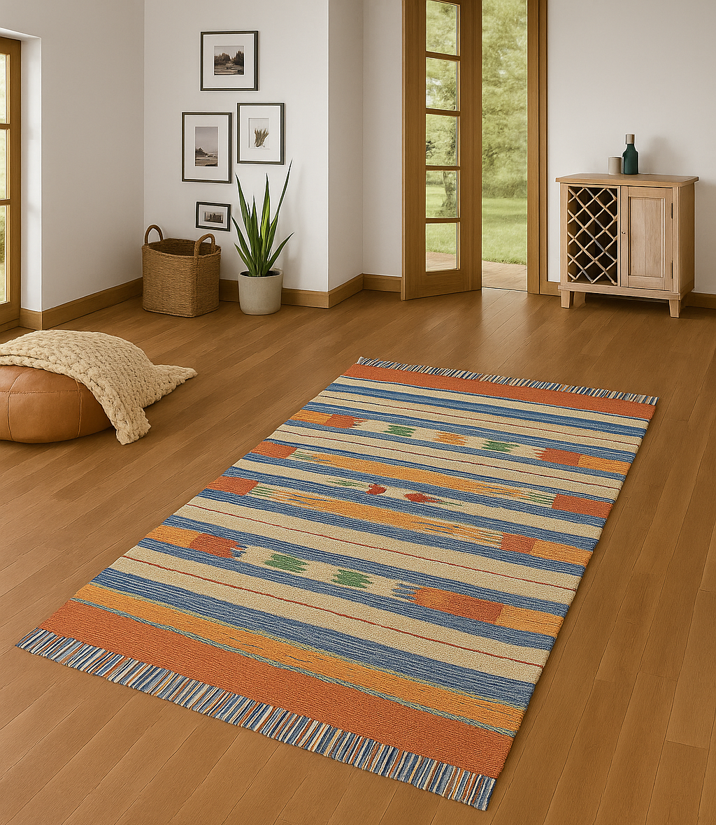 Kelim Teppich 100% Baumwolle flach gewebt mit Fransen Kilim Dhurrie 8 Designs CT