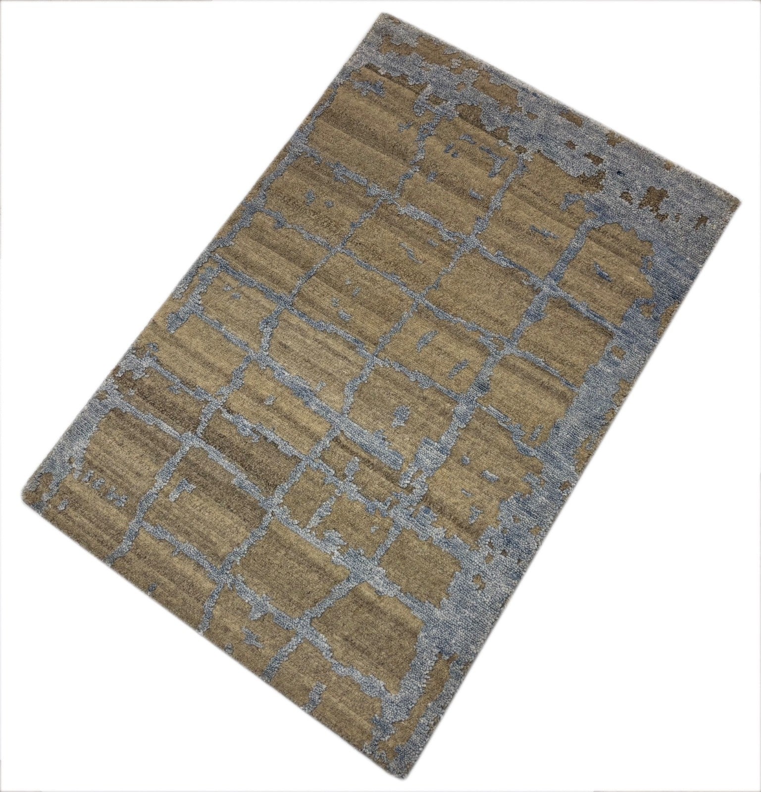 Handgeknüpfter Design Teppich 60x90 Beige Blau Wolle Bambus Seidenglanz R116