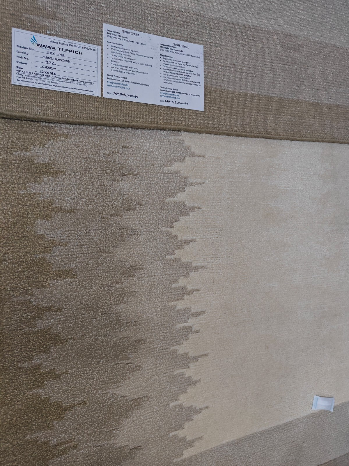 Moderna ročno vozlana volnena preproga za dnevno sobo 120x180 v vintage krem barvi SH148