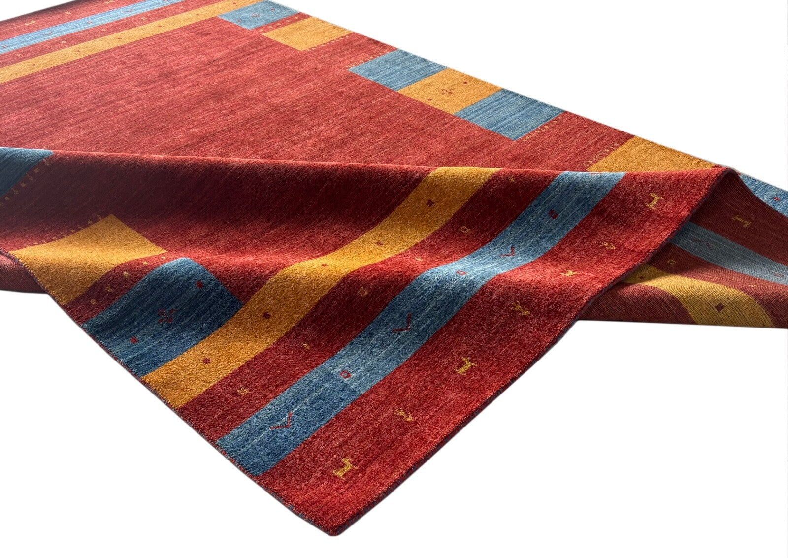 Wollteppich 250x350 Rot Blau Gelb Handgewebt Modern Unikat Orient Teppich Br13