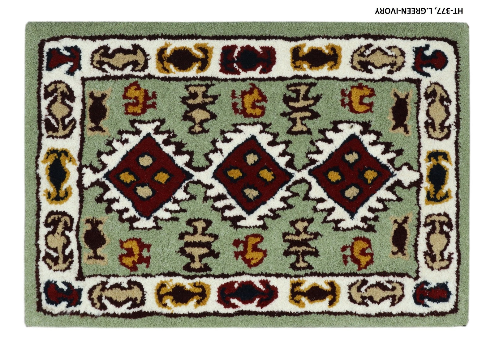 Wollteppich 40x60 Grün Beige Oriental Handgemacht Türvorleger Fussmatte HT377G