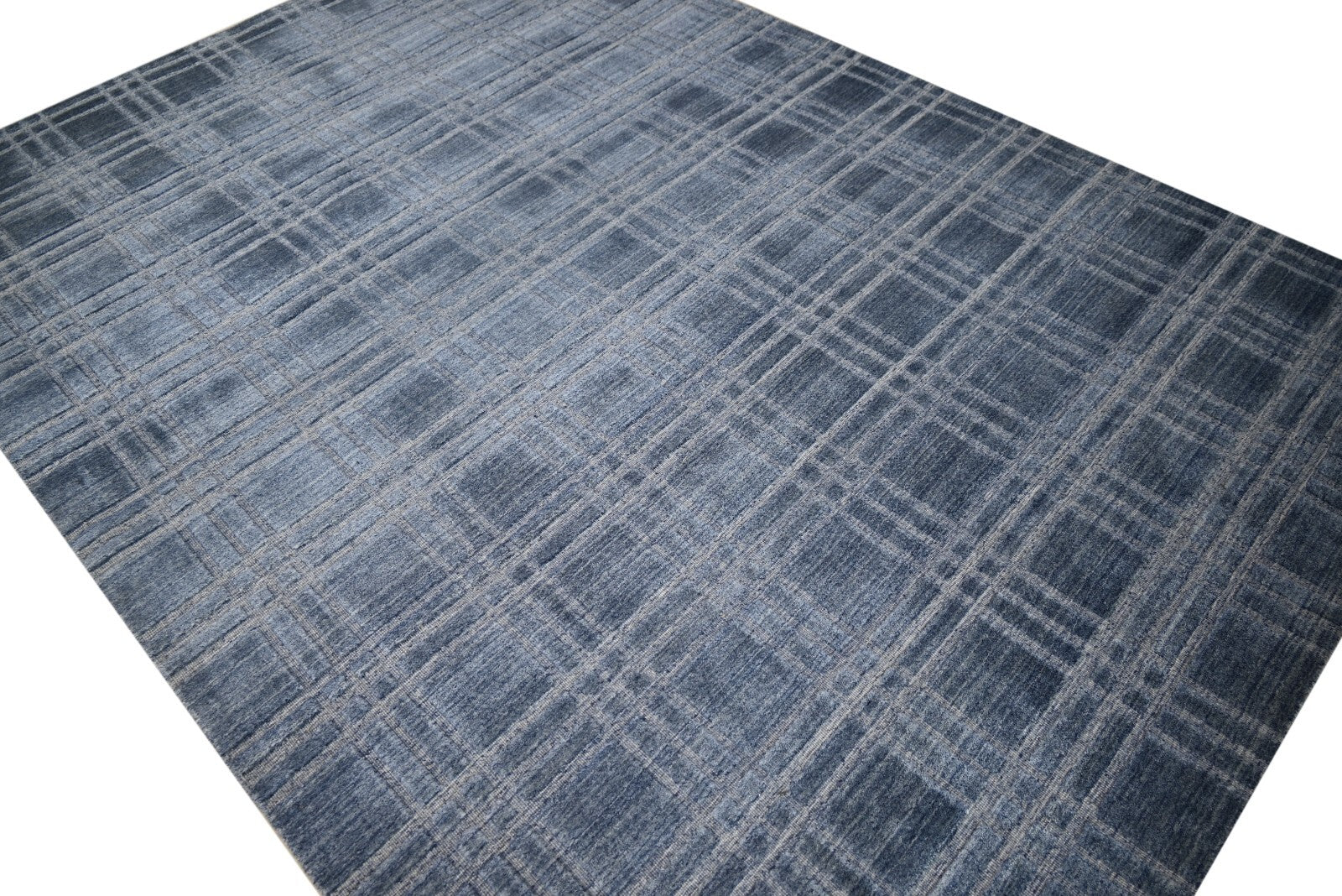 Handgewebter Teppich 170x240 BLAU Glanzoptik Wolle Flach Wohnzimmer SH116