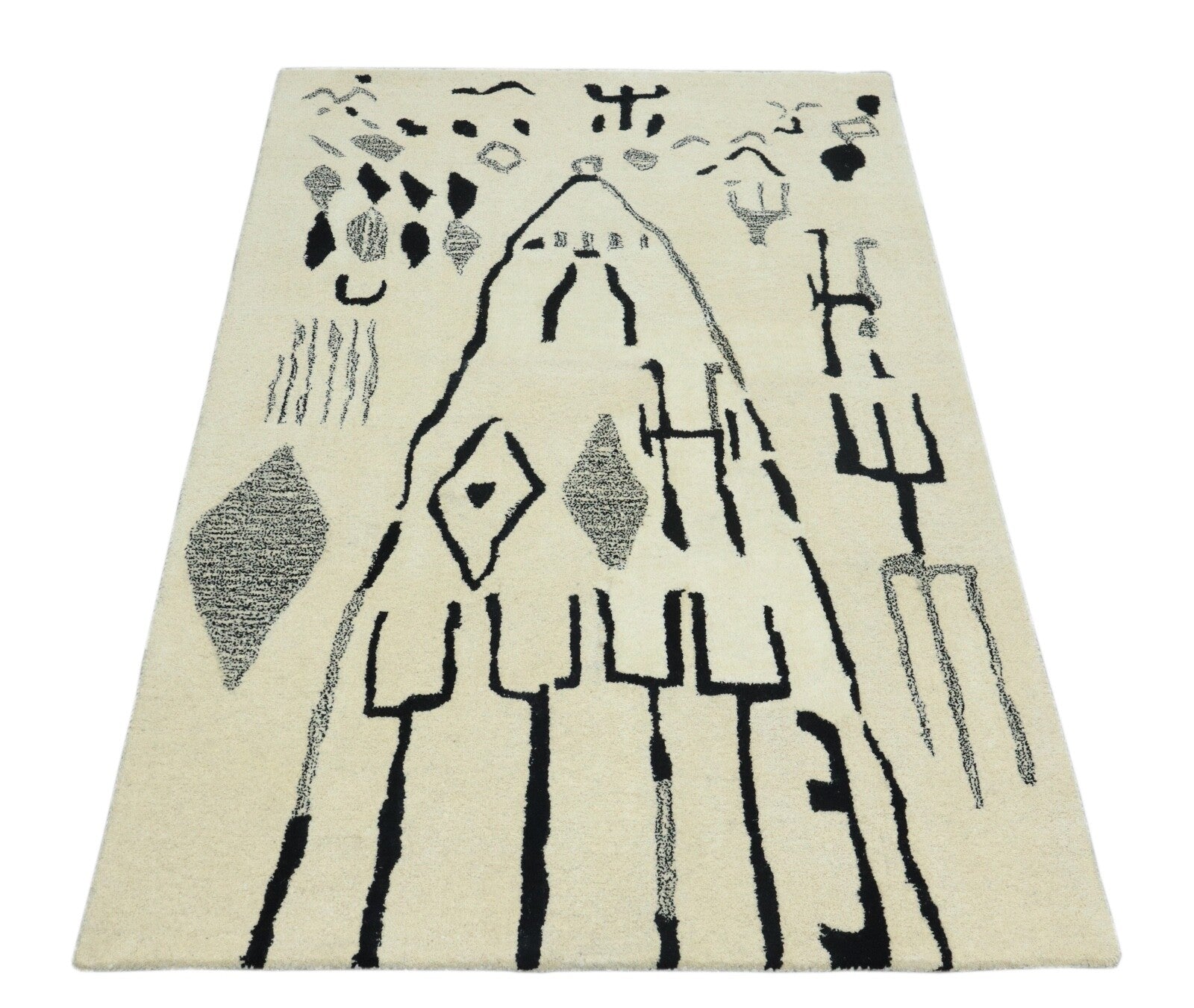 Wollteppich 120x180 Beige Schwarz Ethno Abstrakt Muster Teppich Handgetuftet 307