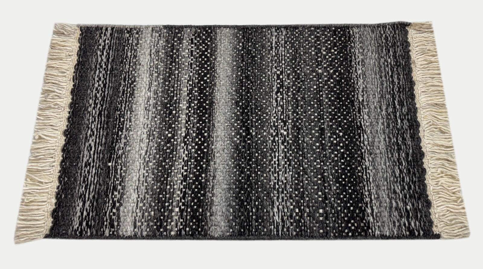 Wollteppich 60x90 Handgeknüpft Schwarz Beige Flachgewebe Teppich mit Fransen R30