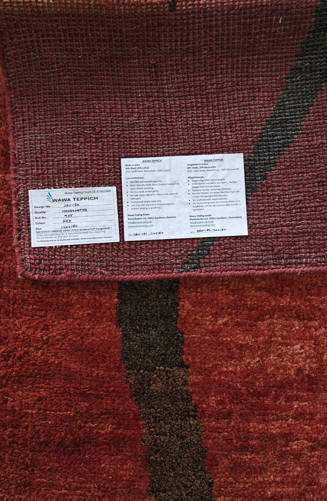 Tappeto moderno da soggiorno in lana annodato a mano, 120x180, colore rosso vintage, SH180