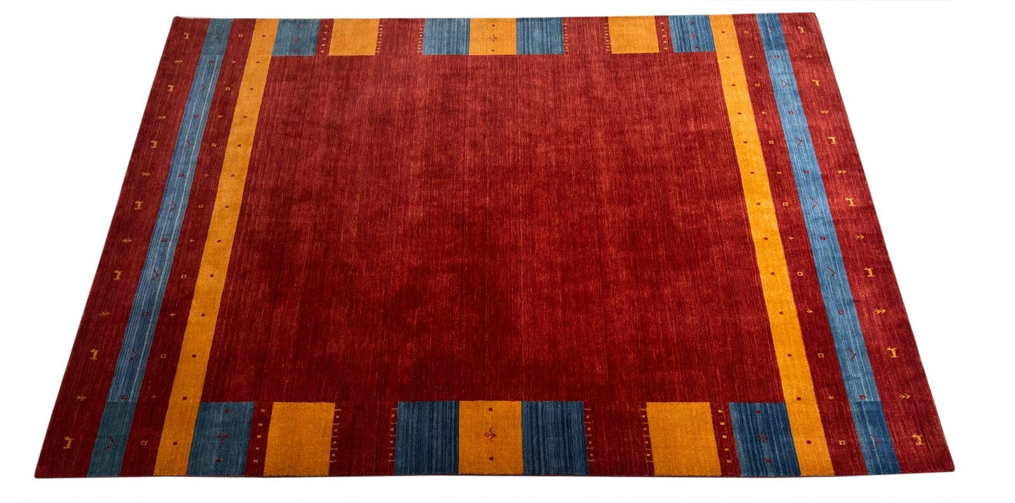 Wollteppich 250x350 Rot Blau Gelb Handgewebt Modern Unikat Orient Teppich Br13
