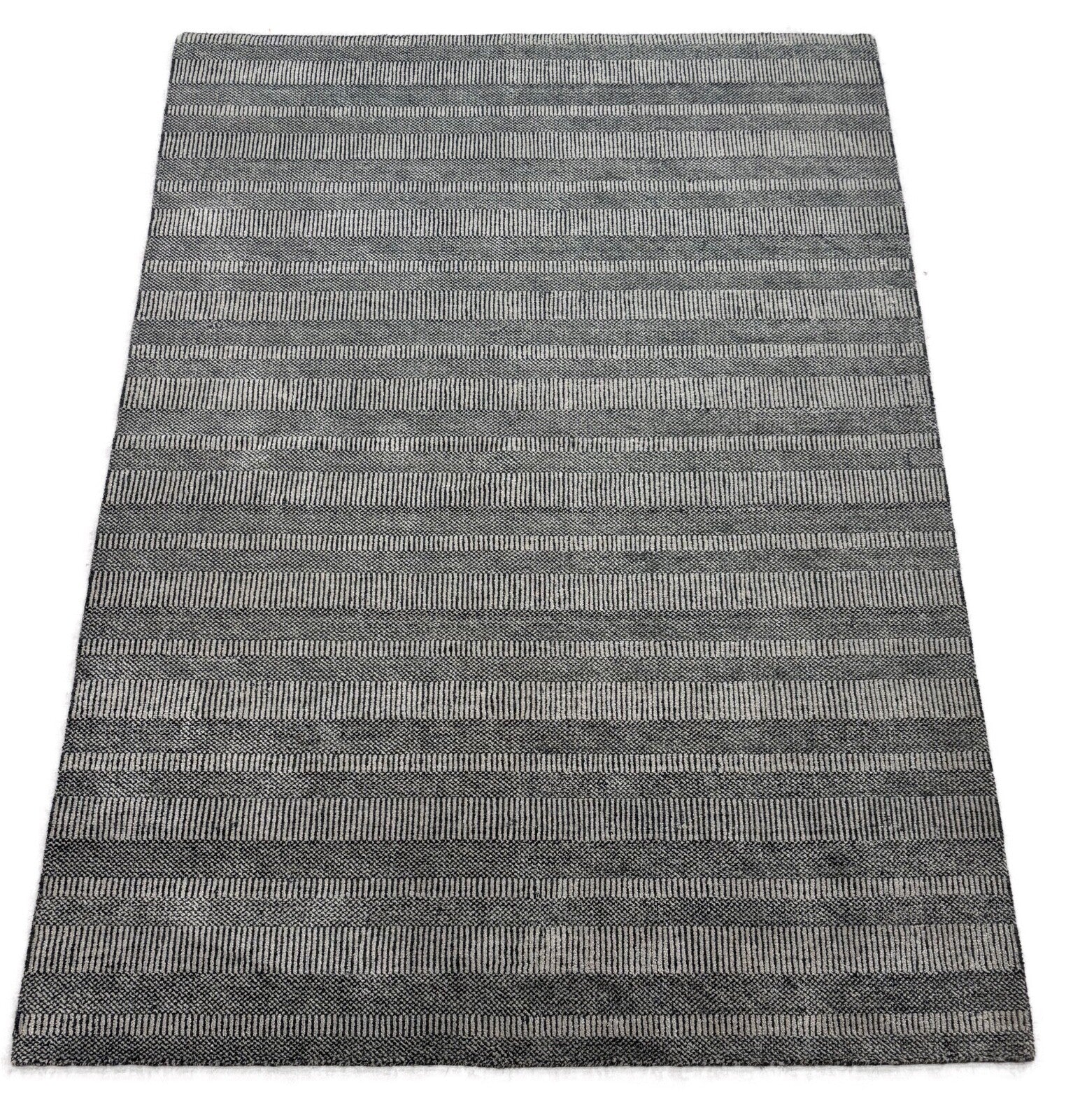 Teppich 170x240 Grau Schwarz Gestreift Handgewebt Wolle Viskose Modern R23