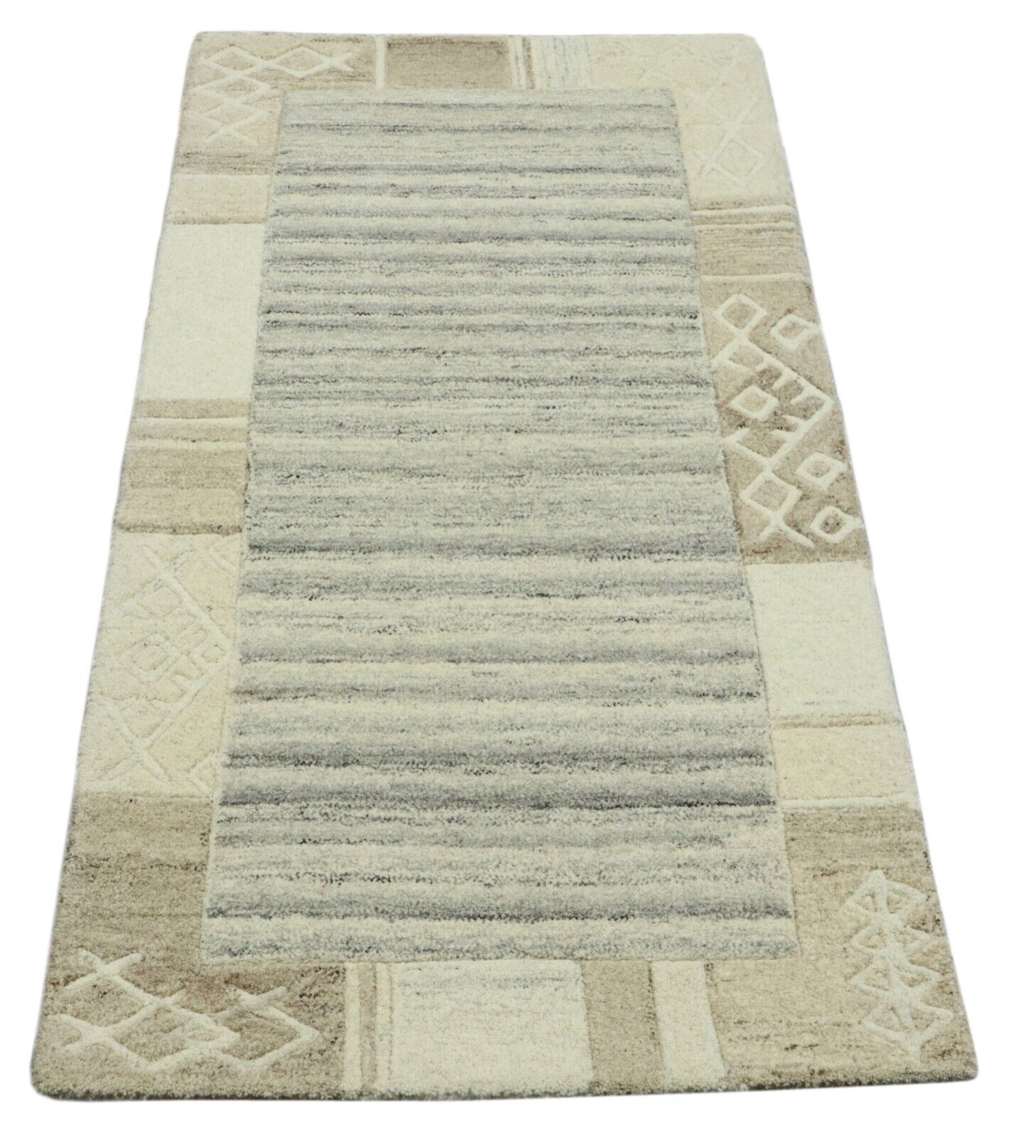 Gabbeh Teppich 100% Wolle 70X140 cm Handarbeit Grau Beige Handgetuftet T1013