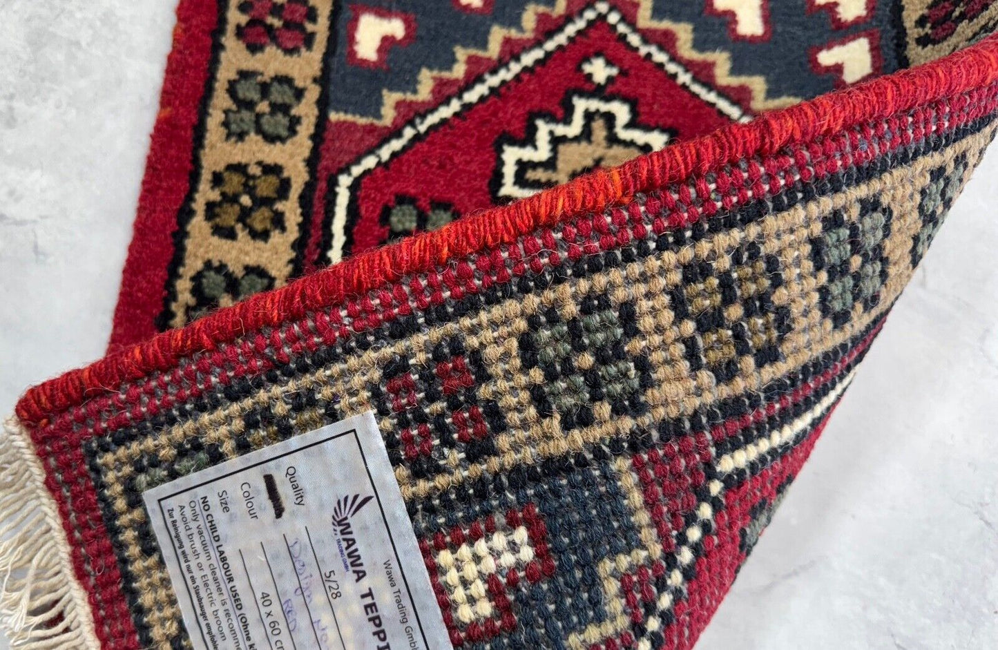 Brücke Teppich 40x60 cm Handgeknüpft Fußmatte Automatte 100% Wolle Rot Blau PH40