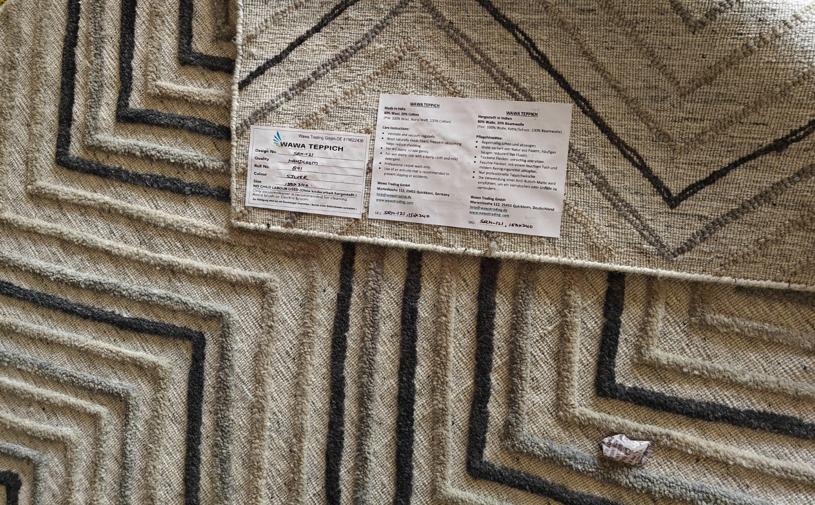 Handgewebter Teppich 150x240 Silber Wolle Glanzoptik Wohnzimmer SH121