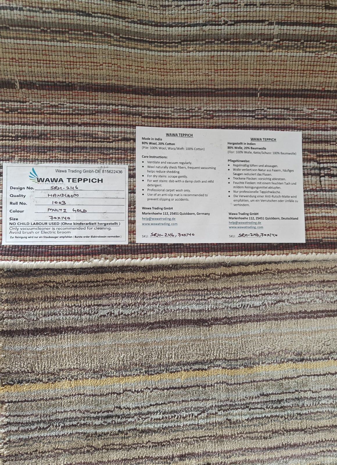 Handgewebter Teppich 70x140 Multi-Gold Glanzoptik Seide Flach Wohnzimmer SH246