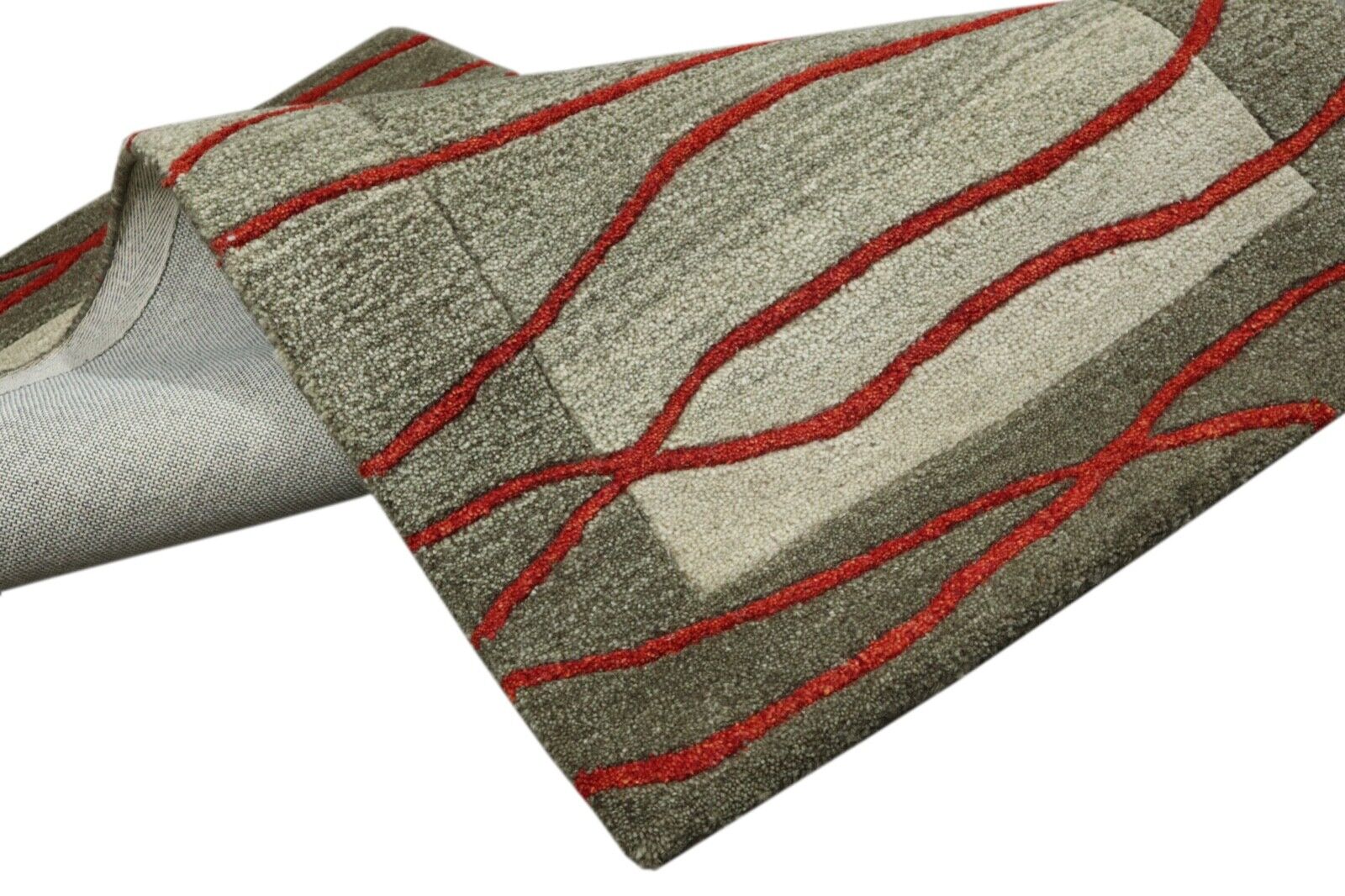 Teppich 100% Wolle 70X140 cm Handarbeit Orange Grau Hell Grün Handgetuftet T1019