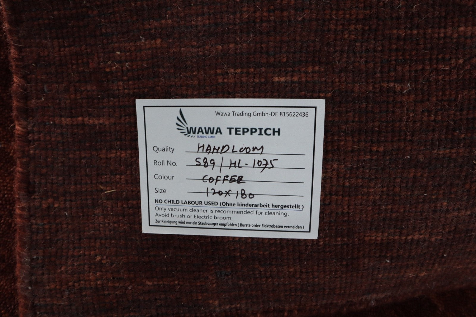 Handgewebter Gabbeh Teppich 100% Wolle Kaffeefarbe Uni 120x180 cm HL1075