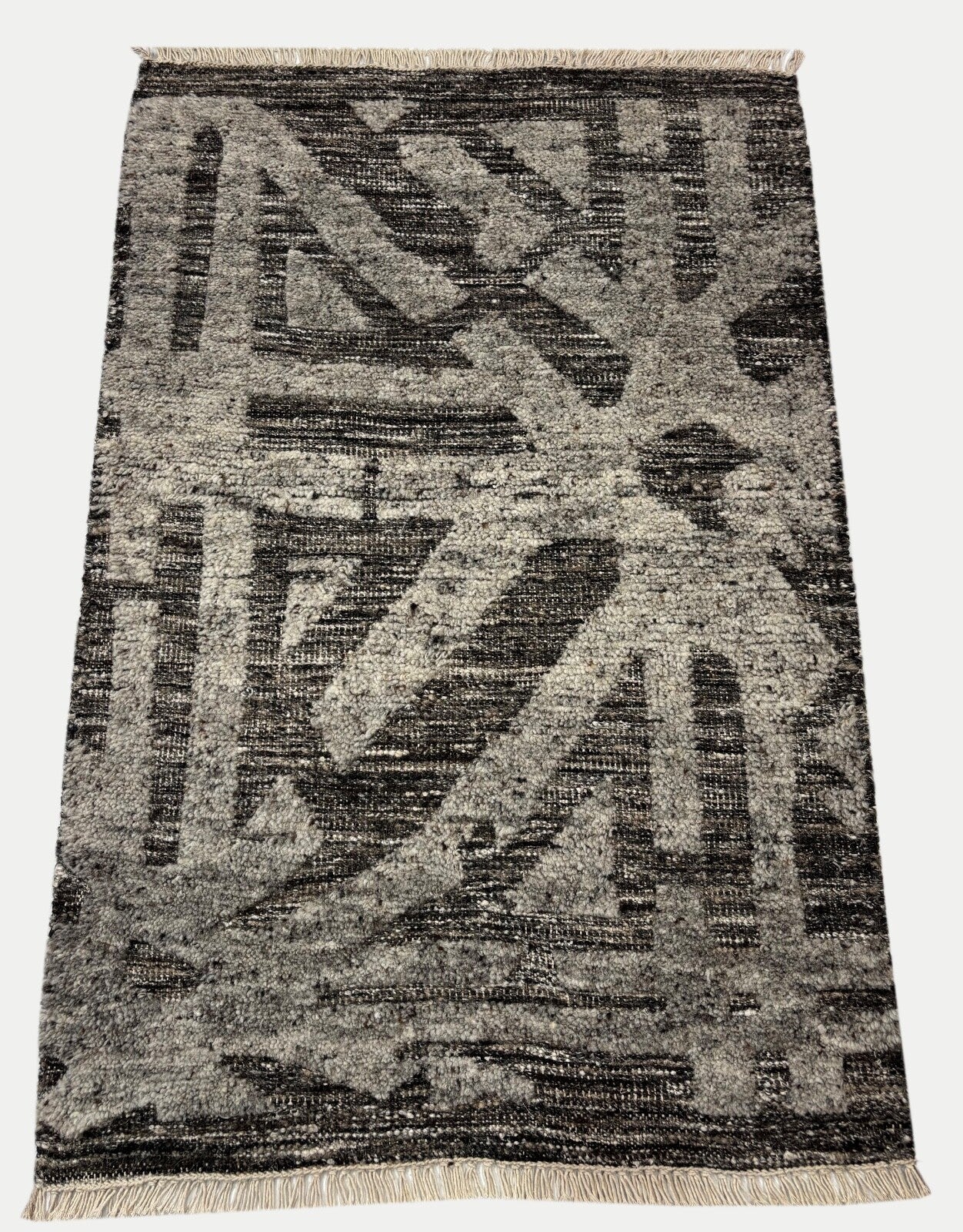 Wollteppich 60x90 Grau Schwarz Modern Glanz Handgeknüpft Wolle Viskose R139