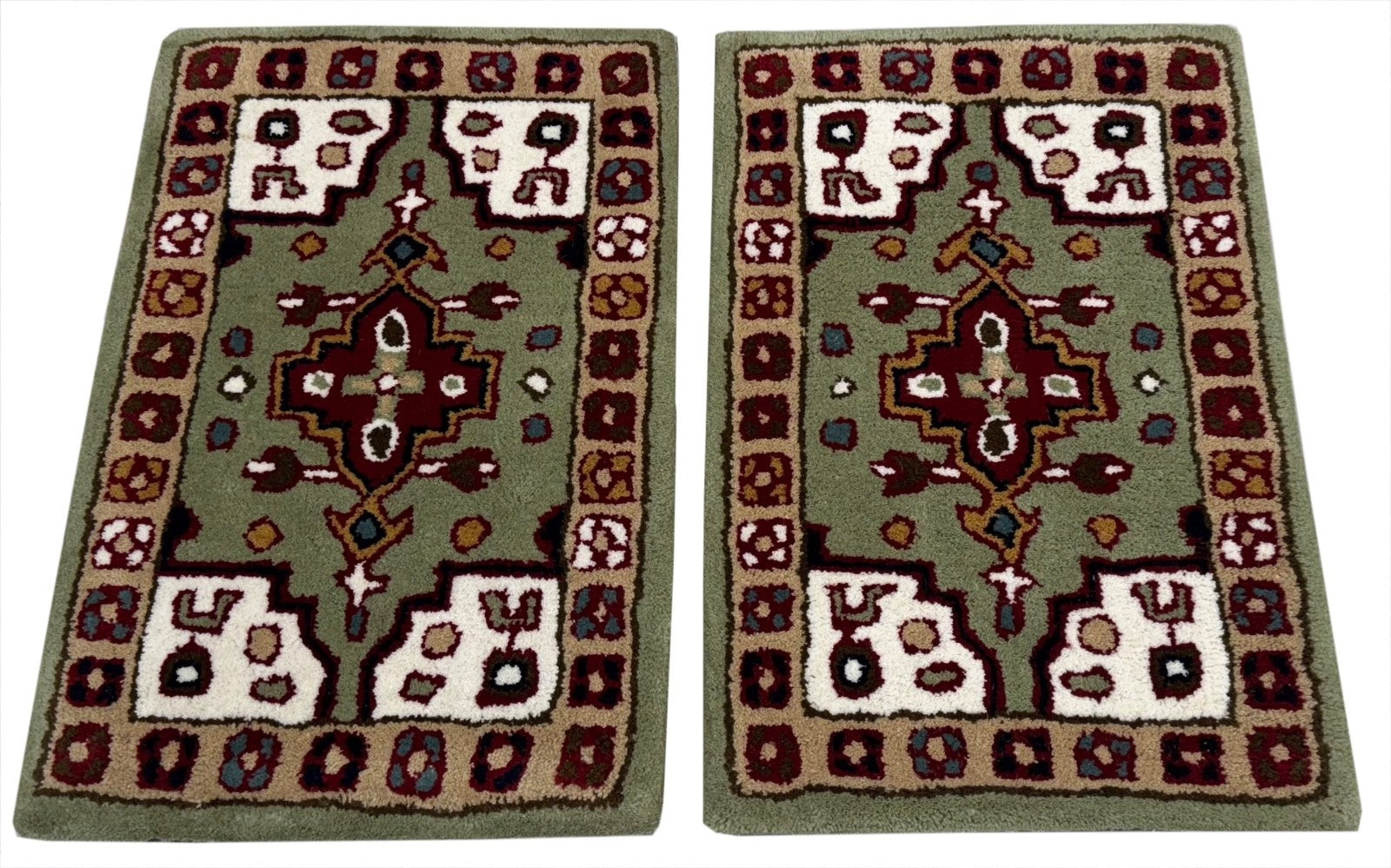 Wollteppich 40x60 Grün Beige Oriental Handgemacht Türvorleger Fussmatte HT373G