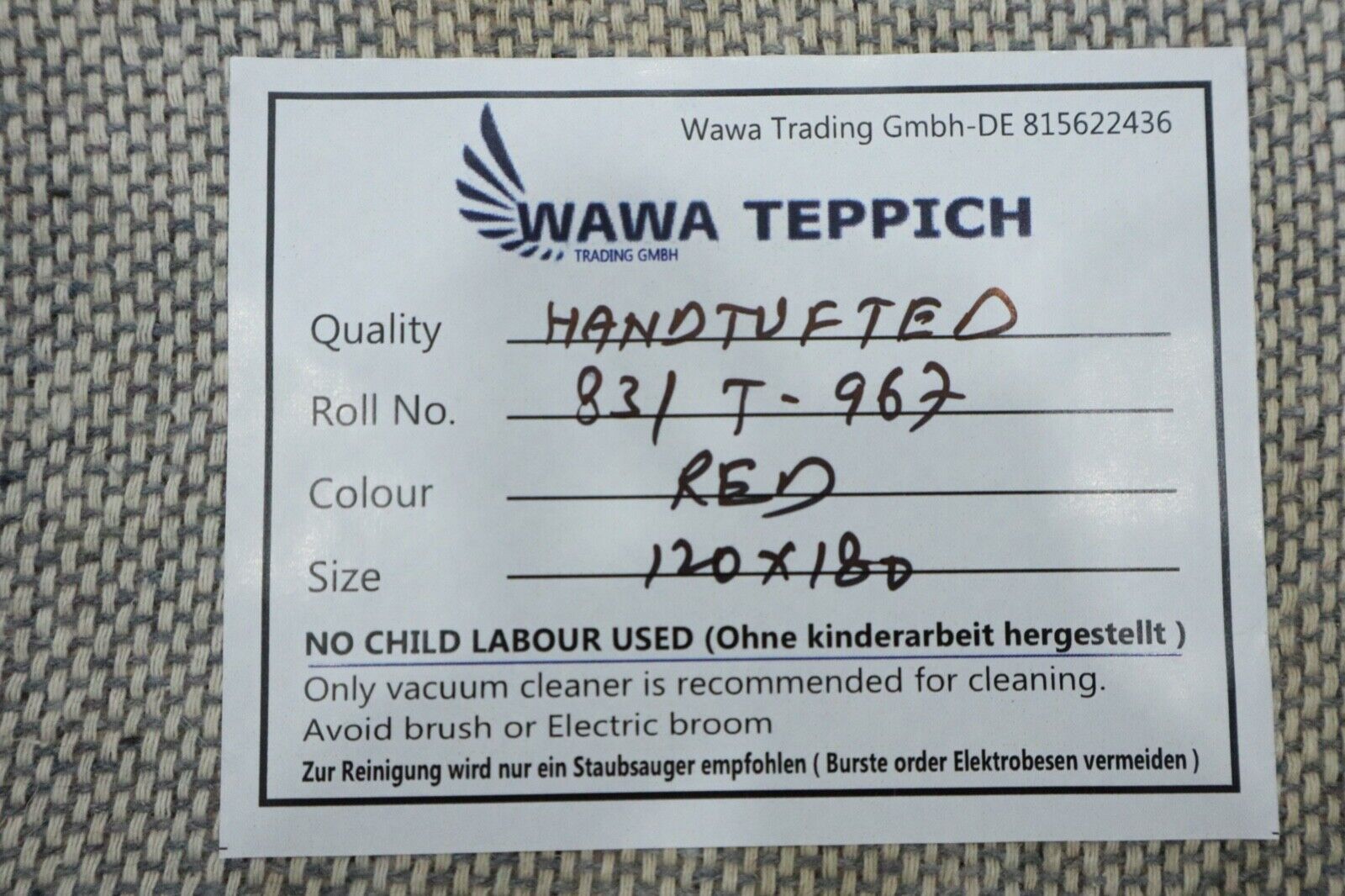 Teppich 100% Wolle 120X180 cm Handarbeit Rosa Rot Handgetuftet T967