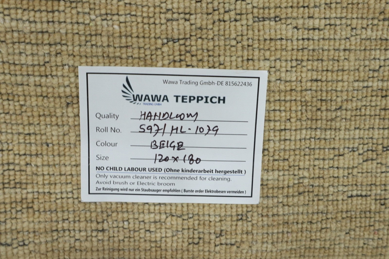 Handgewebter Gabbeh Teppich 100% Wolle Beige Unifarben 120x180 cm HL1079