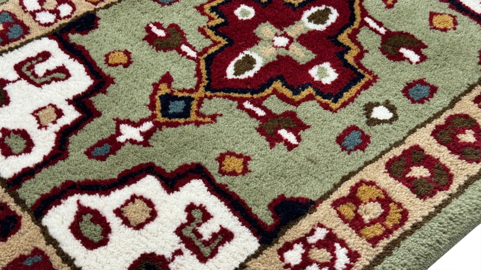 Wollteppich 40x60 Grün Beige Oriental Handgemacht Türvorleger Fussmatte HT373G