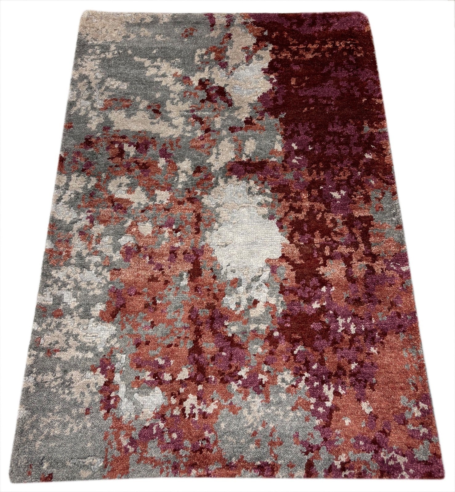 Handgeknüpfter Design Teppich 60x90 cm Grau Rot Multicolor Bambus-Seide R117