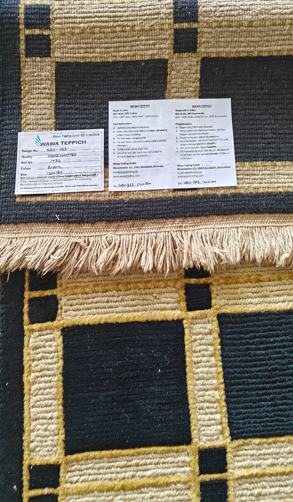 Tappeto moderno da soggiorno in lana annodato a mano 120x180 nero vintage SH263