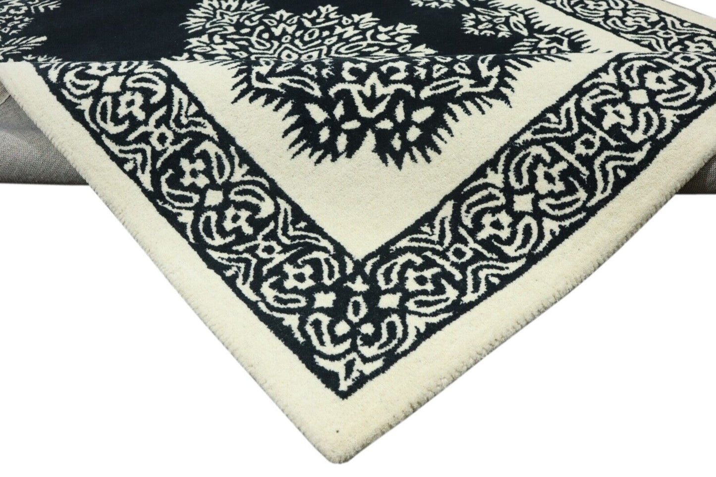 Orient Teppich 100% Wolle 160X230 cm DunkelBlau Schwarz Beige Handgetuftet T938