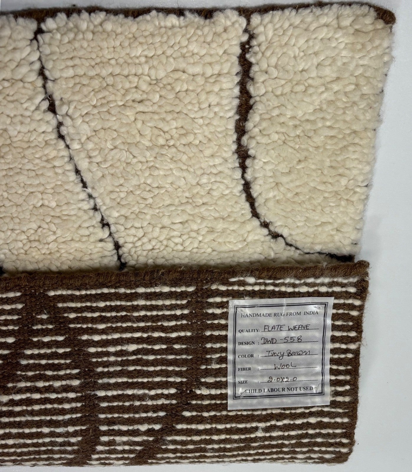 Handgefertigter Teppich 60x60 cm 100 % Wolle Weicher Ivory & Braun D558