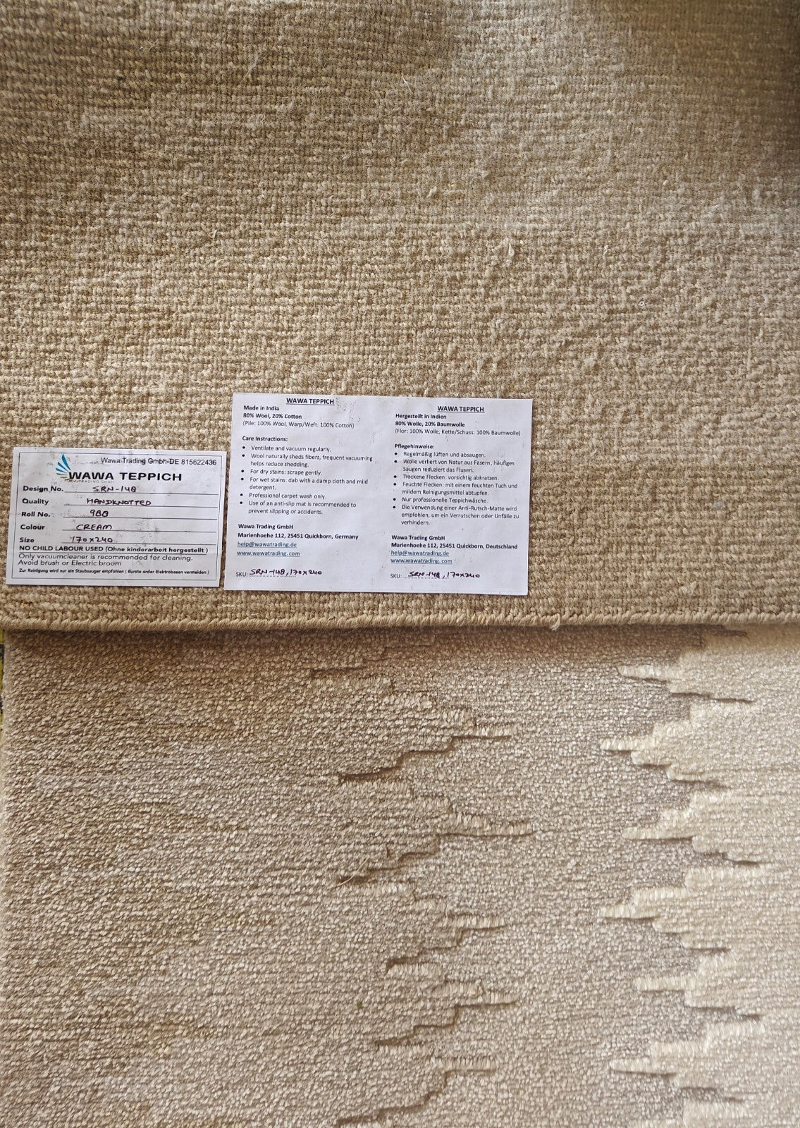 Modernes Handgeknüpfter Wolle 170x240 Vintage Creme Wohnzimmer Teppich SH148