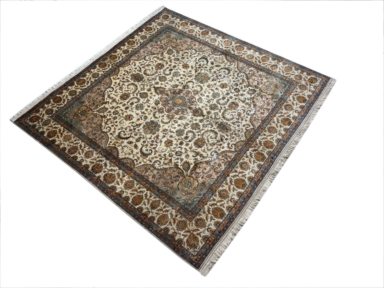 カシミールシルクラグ 185x185 cm 本物の手織り高級ラグ 一点もの